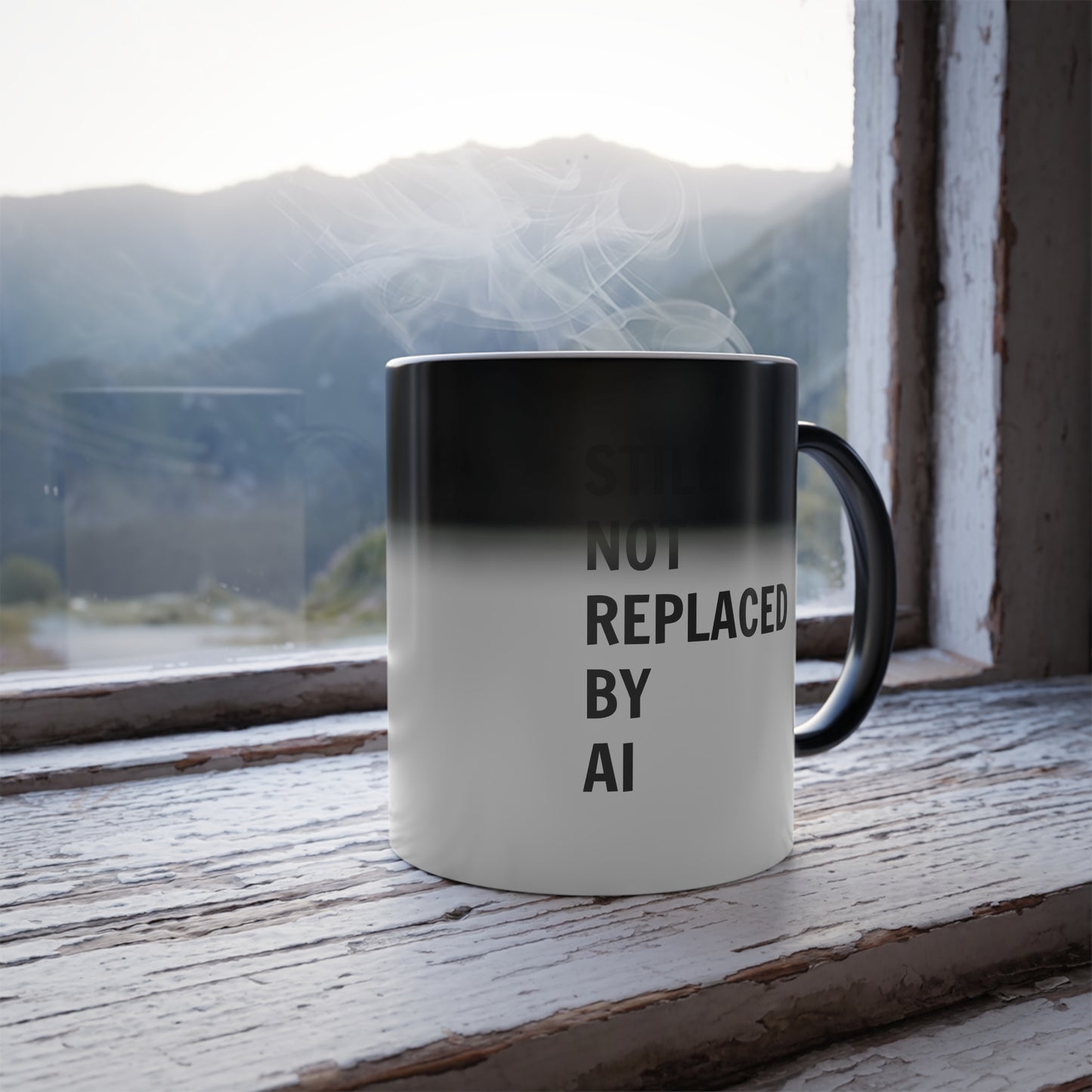 Still Not Replaced by AI – Heat-Reactive Color Morphing Mug | 11oz Ceramic Tech Gift for Coders