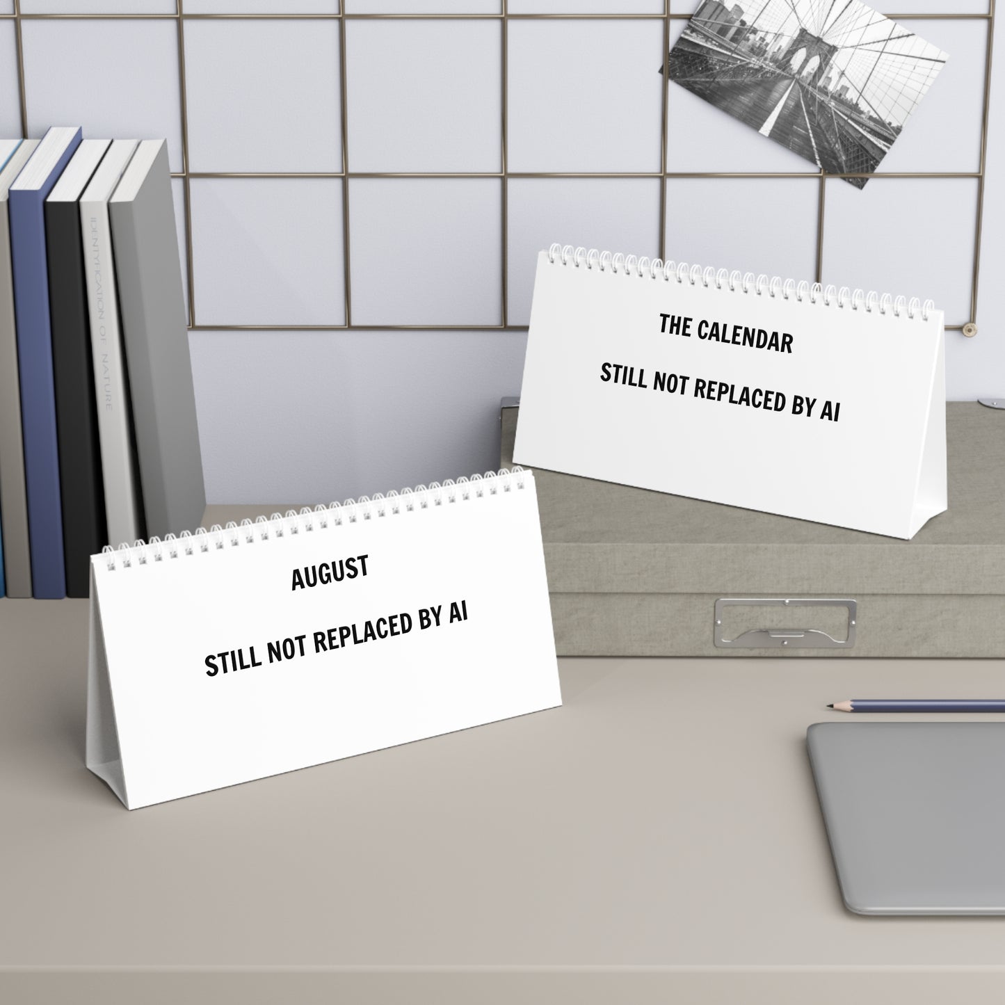 Still Not Replaced by AI – Minimalist Desk Calendar for Coders | 12-Month Statement Art, No Date Grids