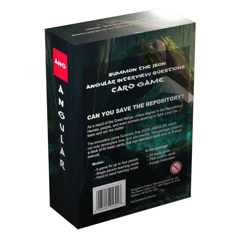 Back of the Angular flashcards box showcasing key features and question categories