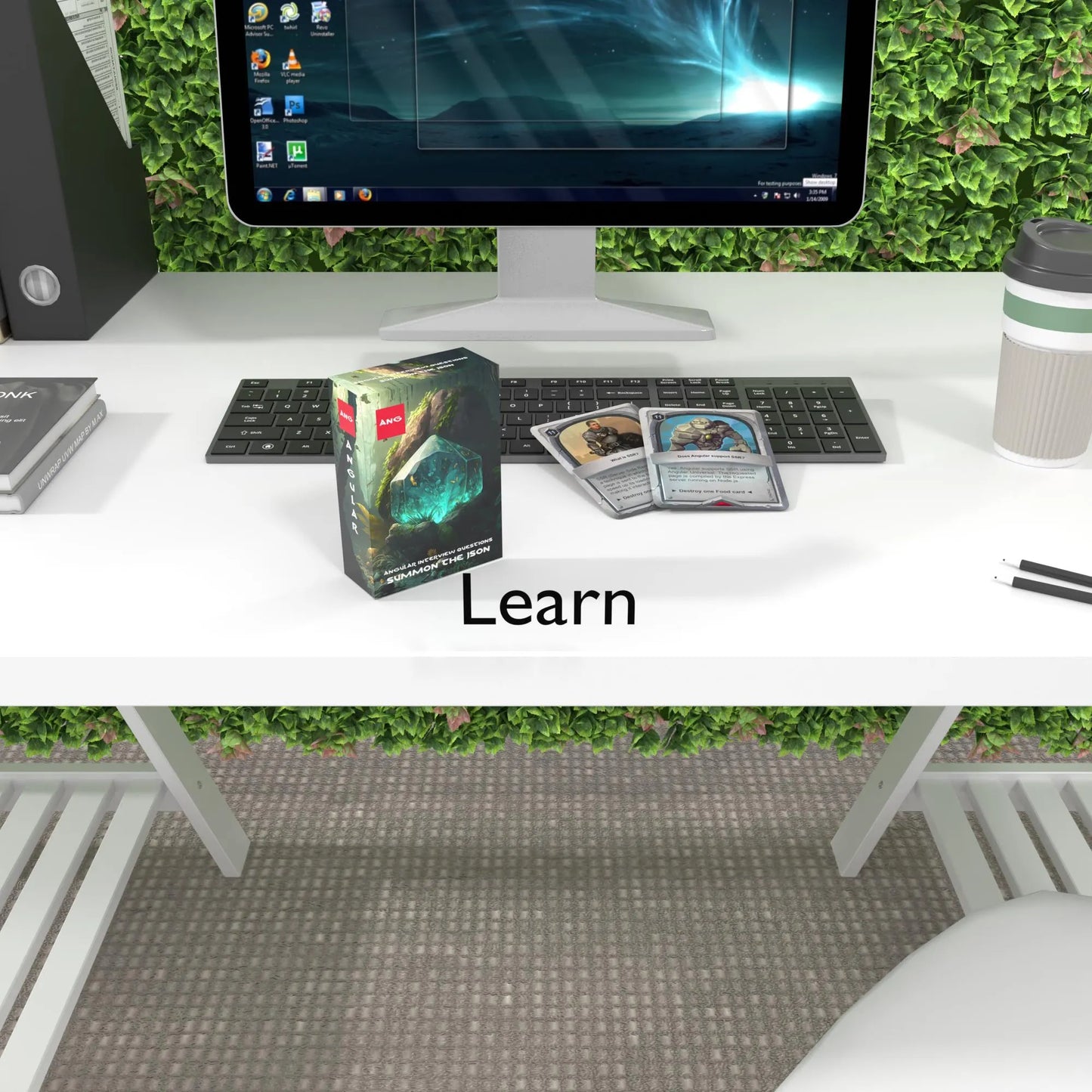 Two Angular interview flashcards on a keyboard with "Learn" text, promoting structured study
