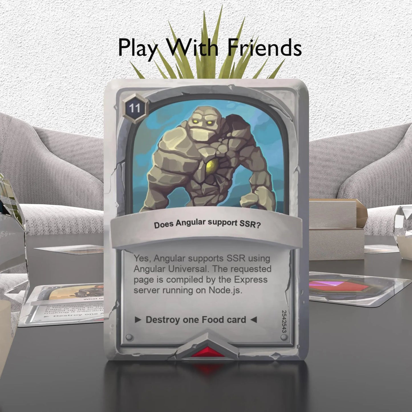 Angular interview flashcard on a table with "Play with Friends" text, encouraging interactive learning