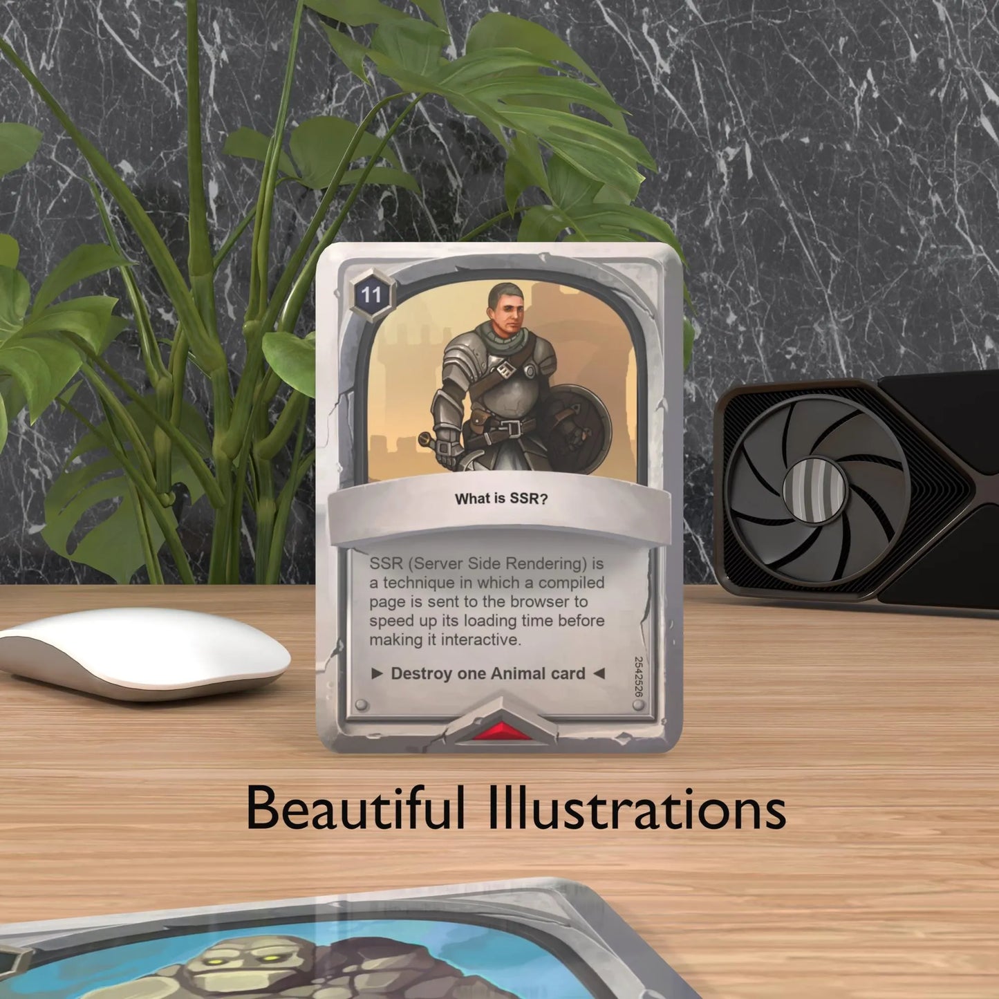 Angular flashcard placed on a desk with "Beautiful Cards" text, highlighting design