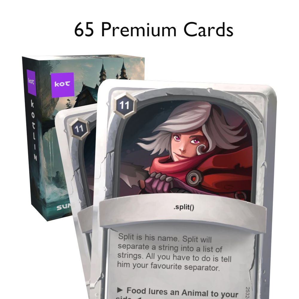 Box of Kotlin flashcards with two premium cards in front