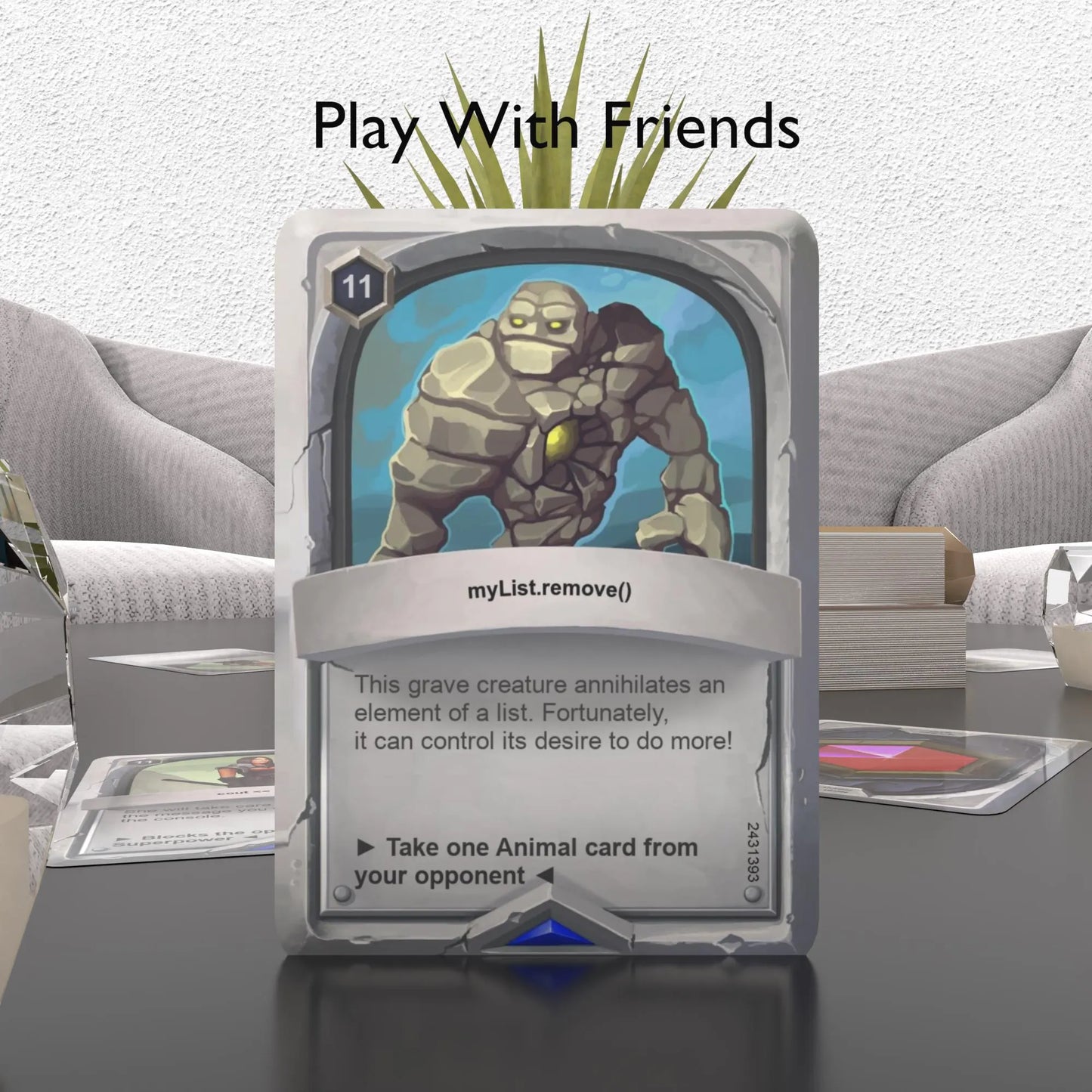 A C++ flashcard on a table with the phrase "play with friends"
