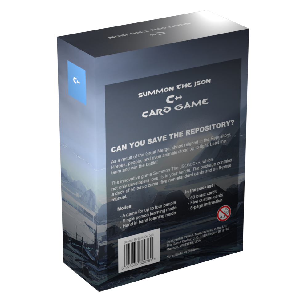 Back of the C++ flashcards box listing included functions and categories