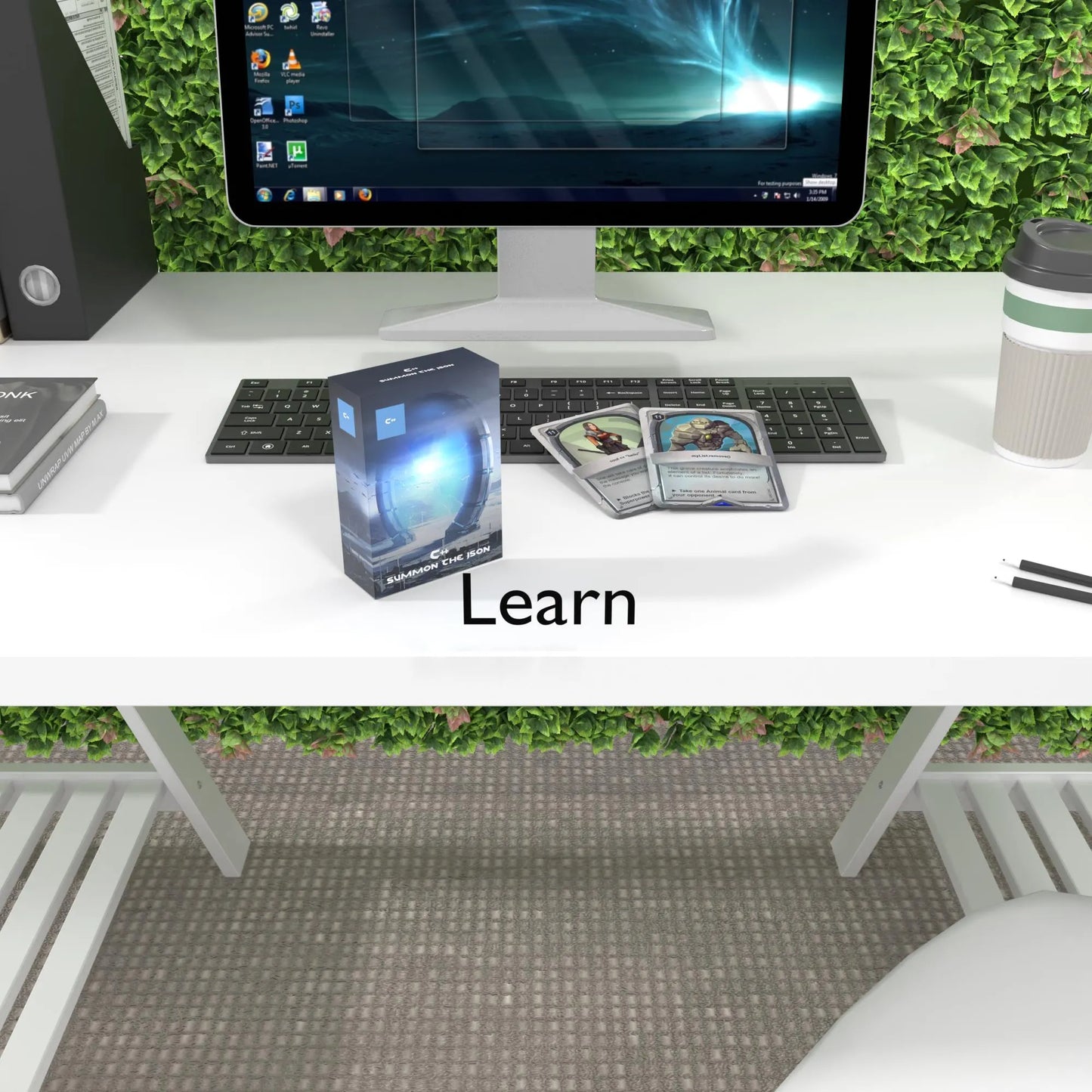 Two C++ flashcards resting on a keyboard with the text "Learn C++"