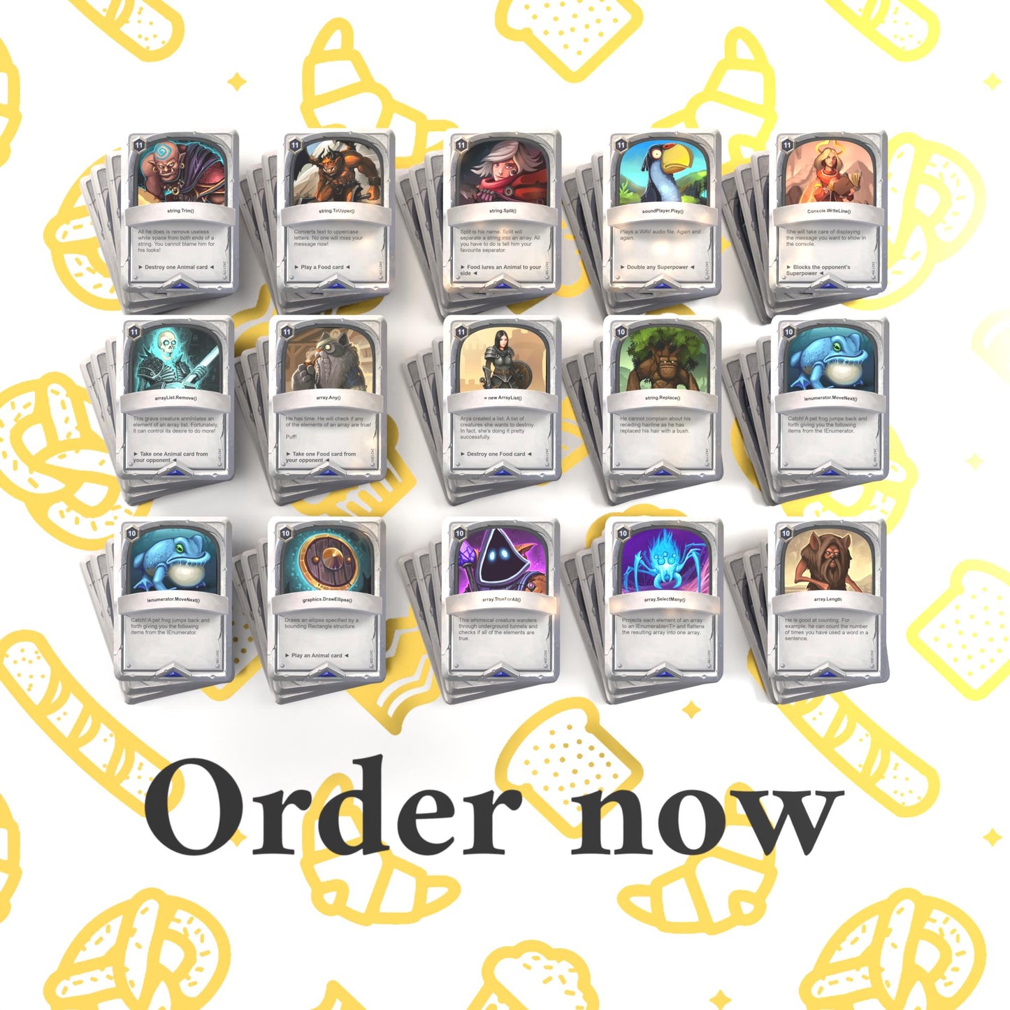 Set of 15 C# function flashcards with "Order Now" text, encouraging purchase
