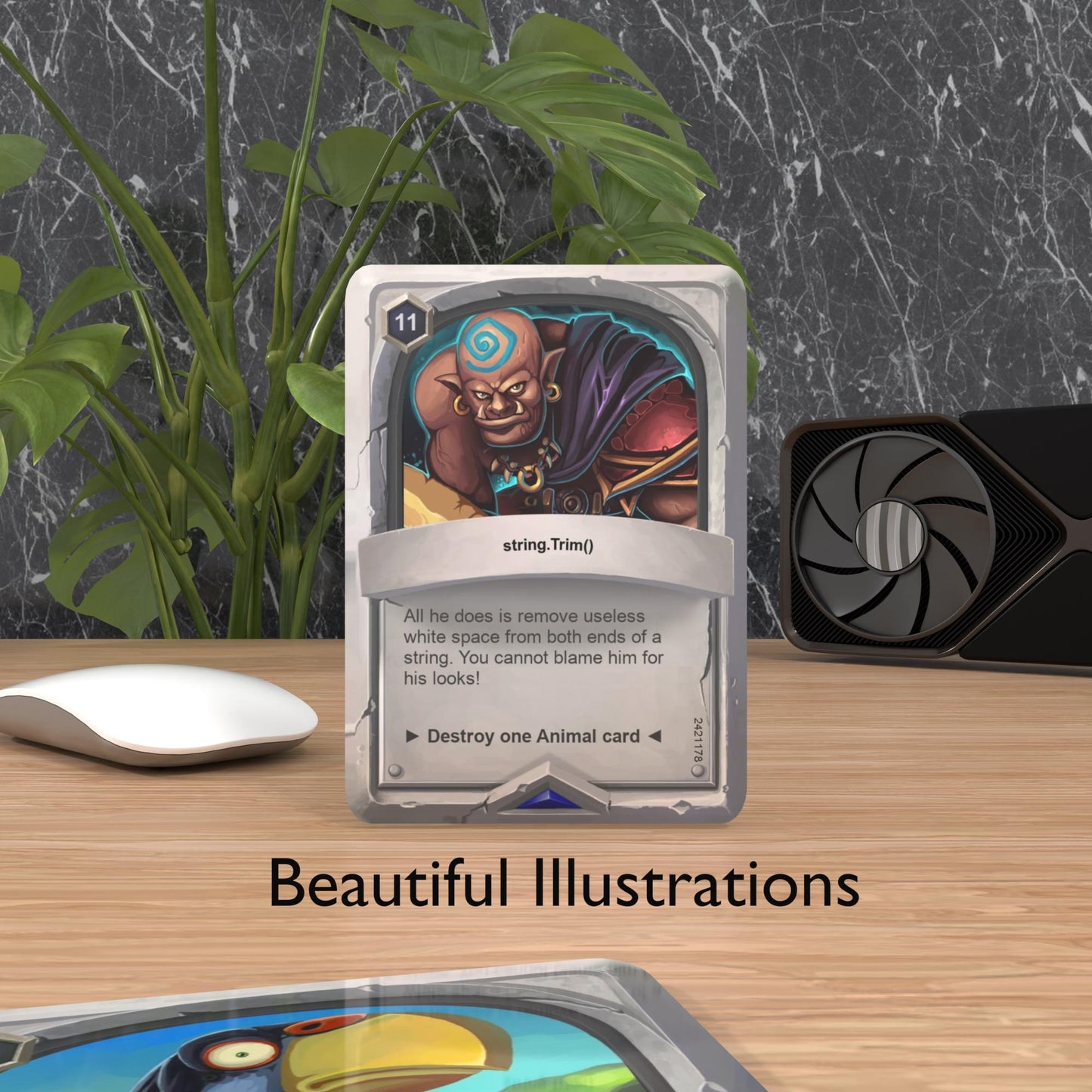 C# function flashcard placed on a desk with "Beautiful Cards" text