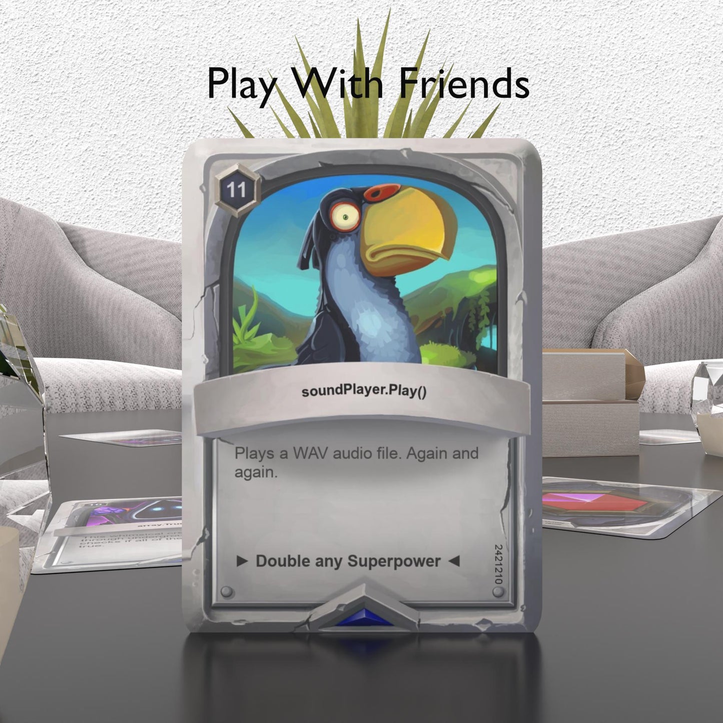C# function flashcard on a table with "Play with Friends" text, promoting interactive learning