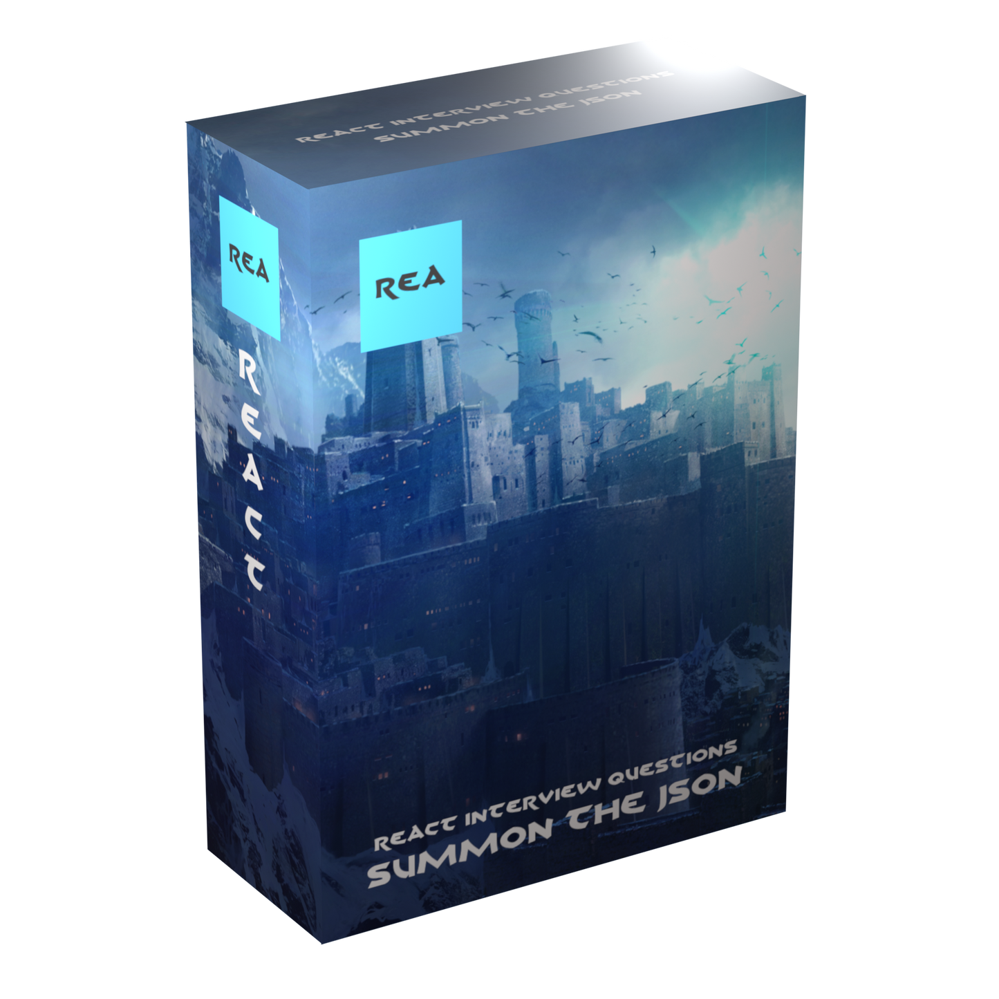 Front view of the React Interview Questions Flashcards box showcasing product design