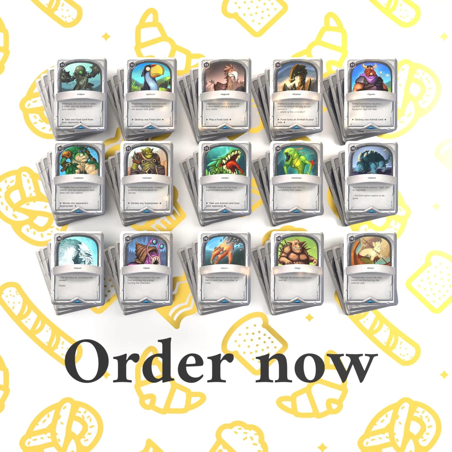 Set of 15 HTML flashcards with "Order Now" text, highlighting availability