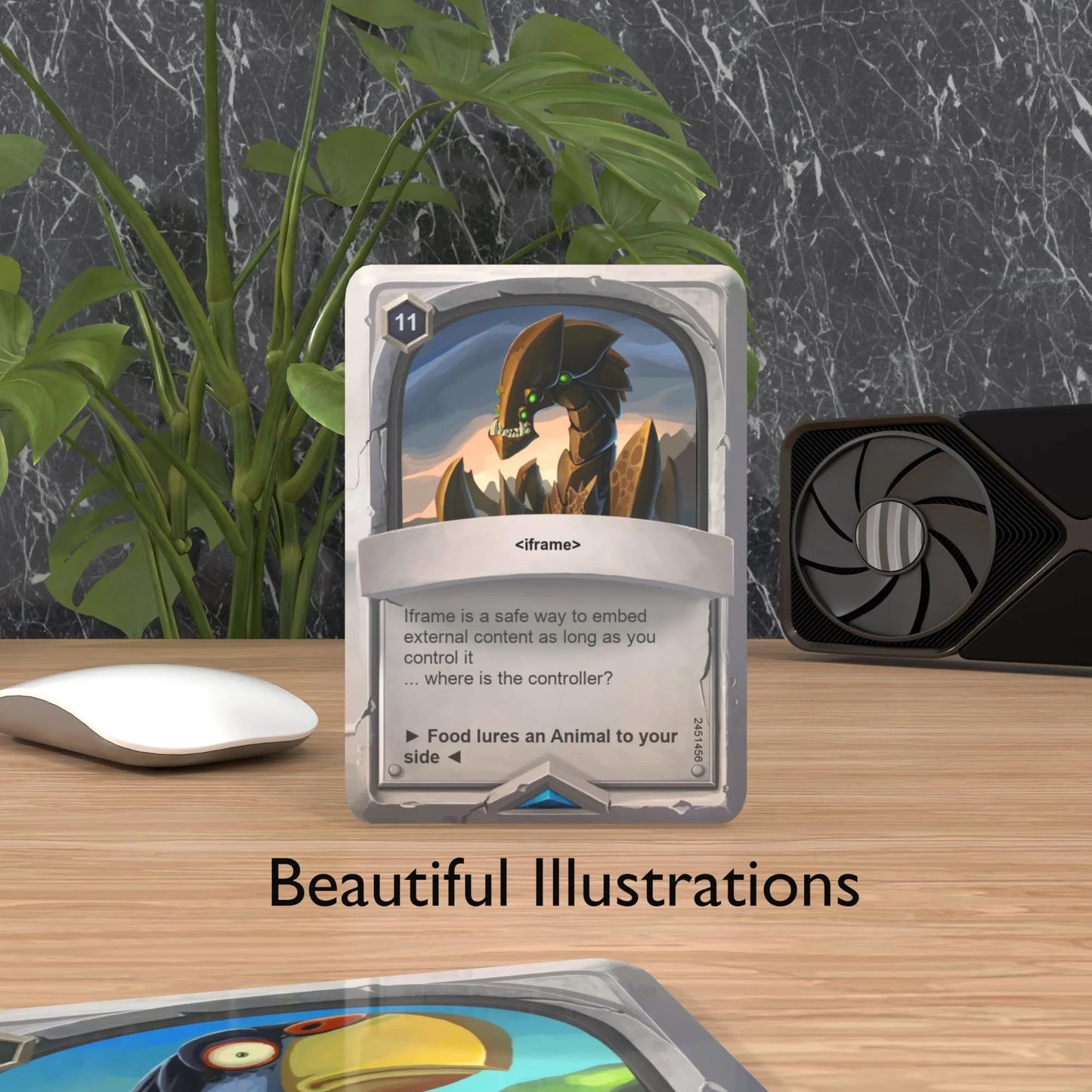 HTML flashcard placed on a desk with "Beautiful Cards" text, highlighting design