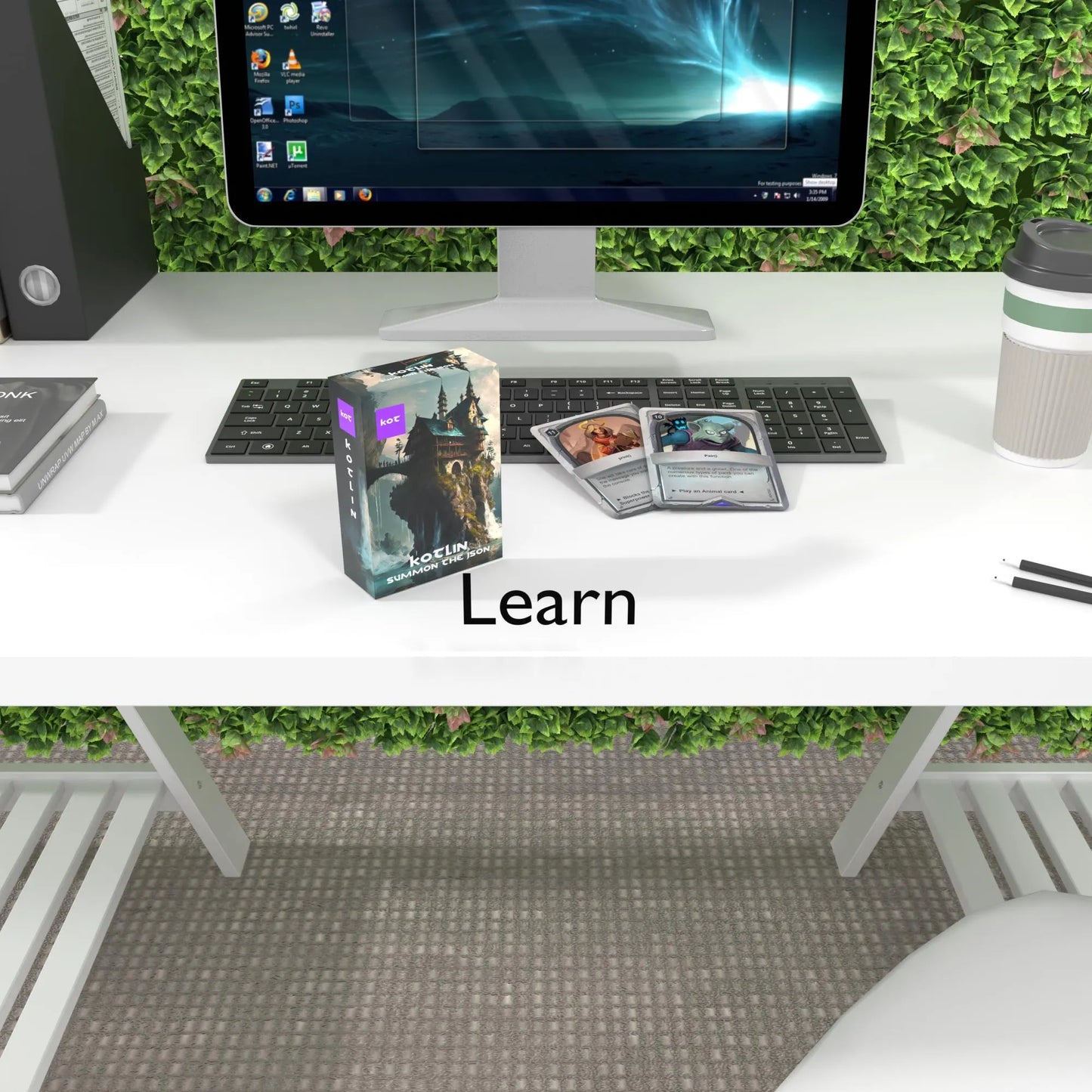 Two Kotlin flashcards on a keyboard emphasizing learning