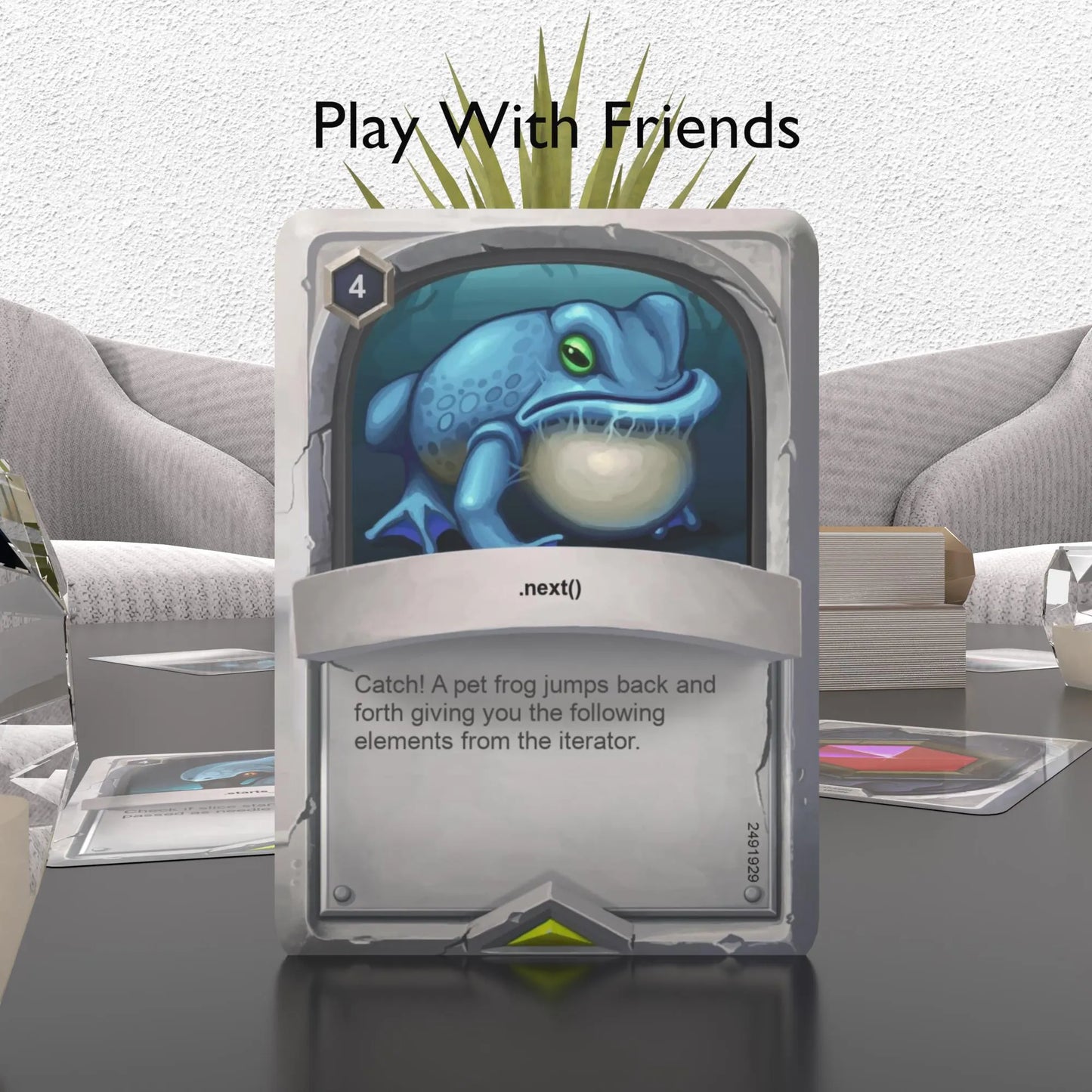 A Rust flashcard positioned on a table with the phrase "Play with friends"