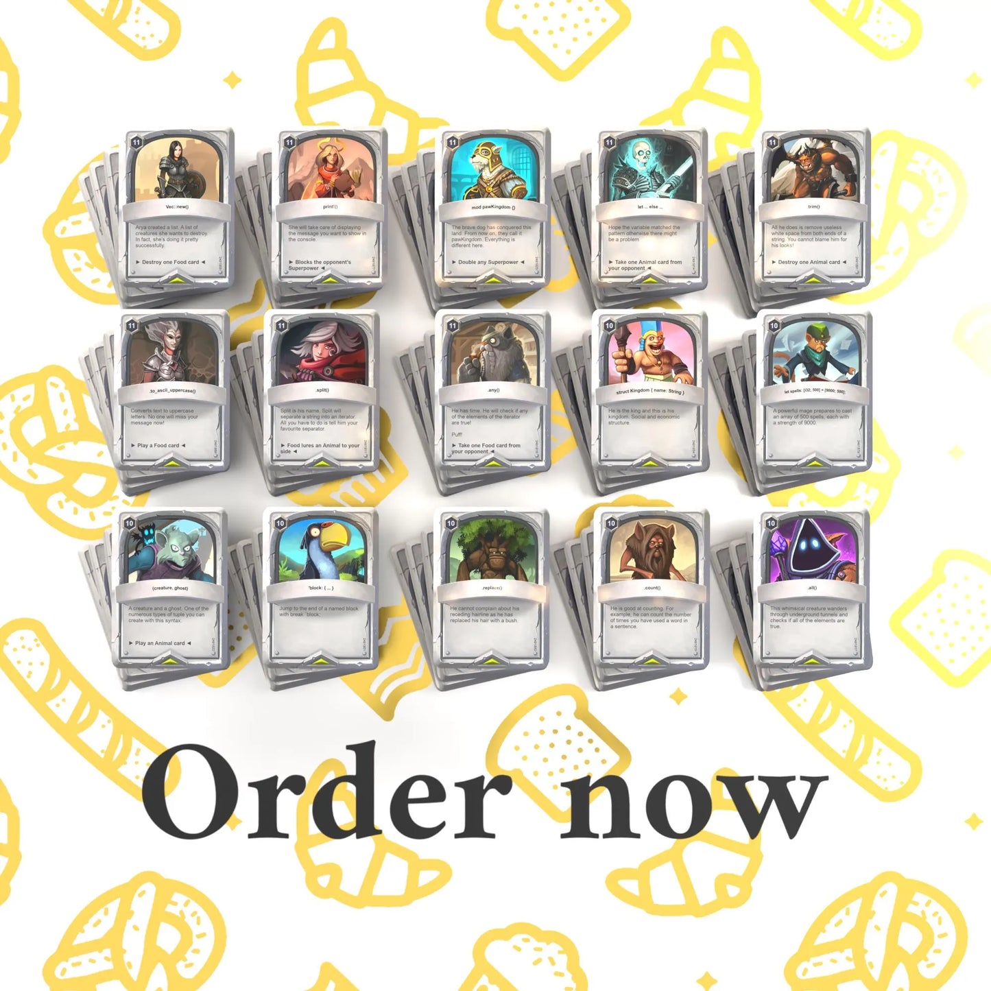 15 Rust flashcards spread out with the phrase "Order now"