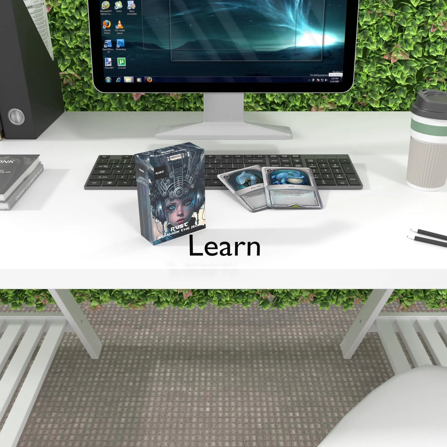 Two Rust flashcards placed on a keyboard with the text "Learn"