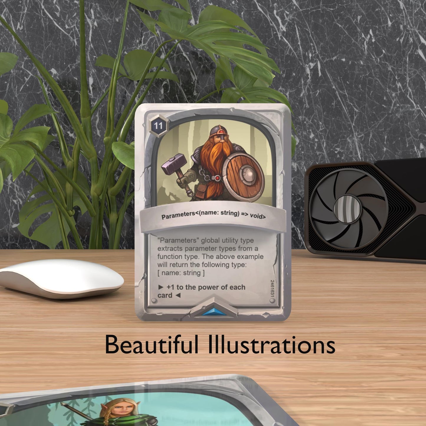 a TypeScript flashcard on a desk with "beautiful cards" text