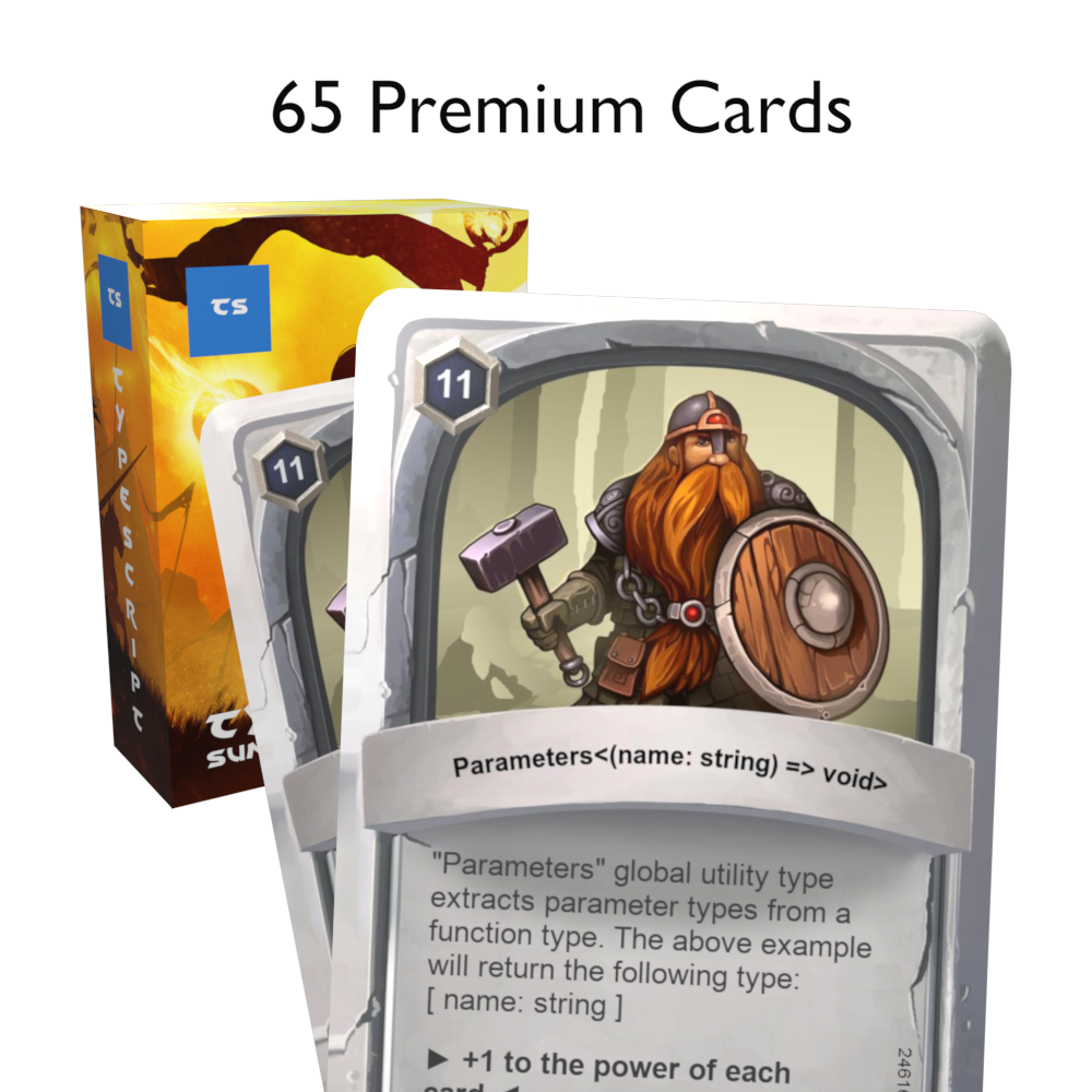 TypeScript flashcards box and two cards labeled "65 premium cards"