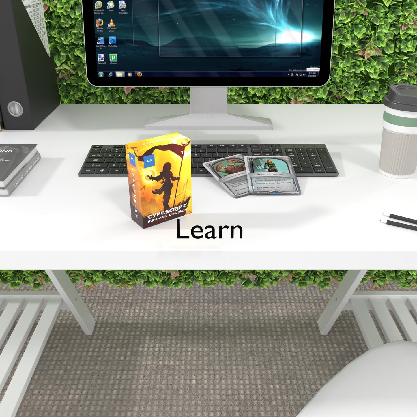 two TypeScript flashcards on a keyboard with "Learn" text