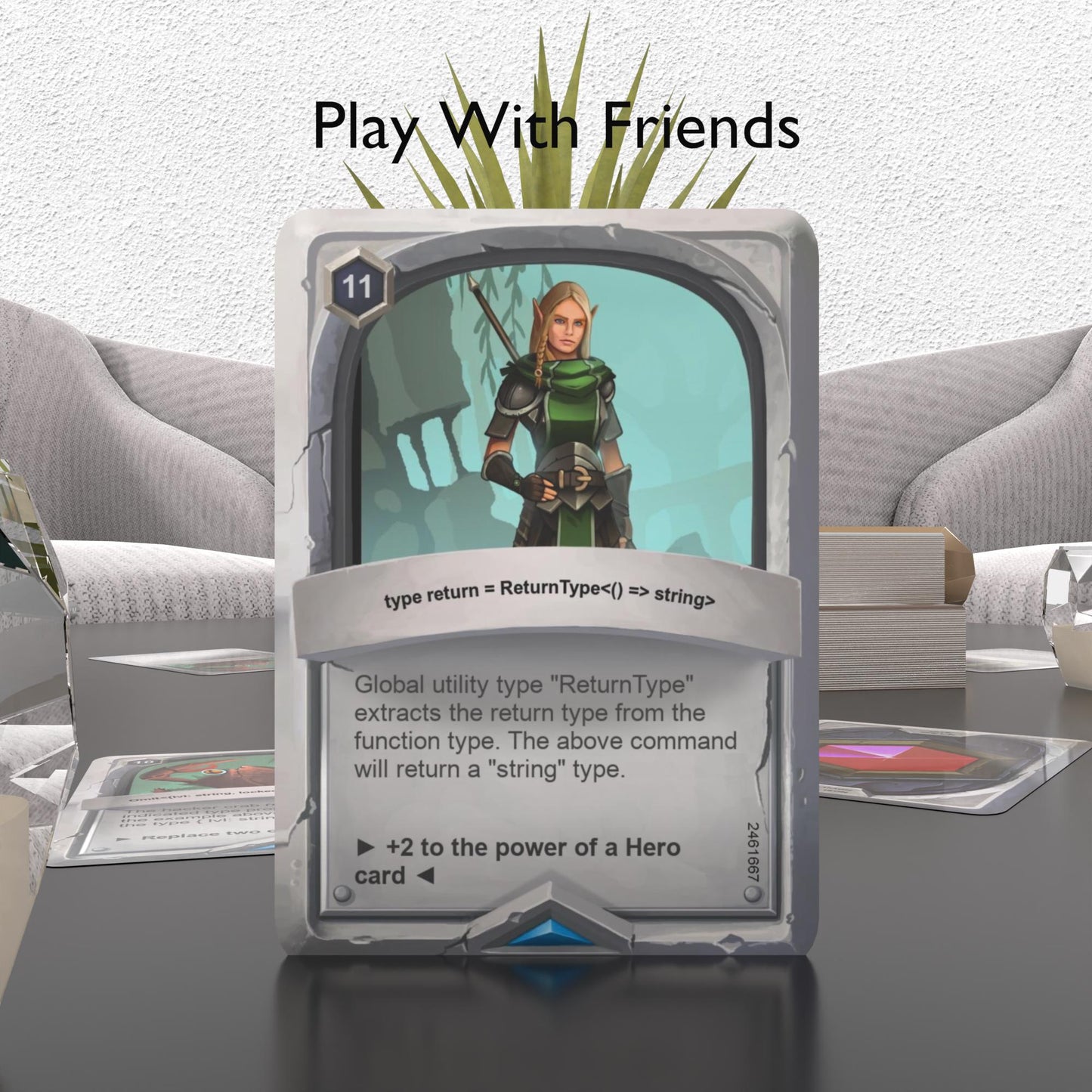 a TypeScript flashcard on a table with "play with friends" text