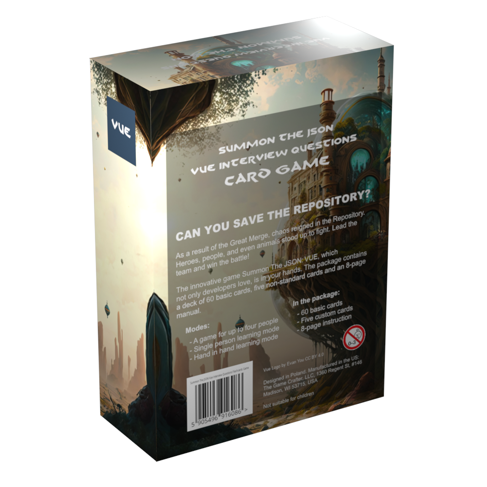 back of the Vue.js interview questions flashcards box showing features