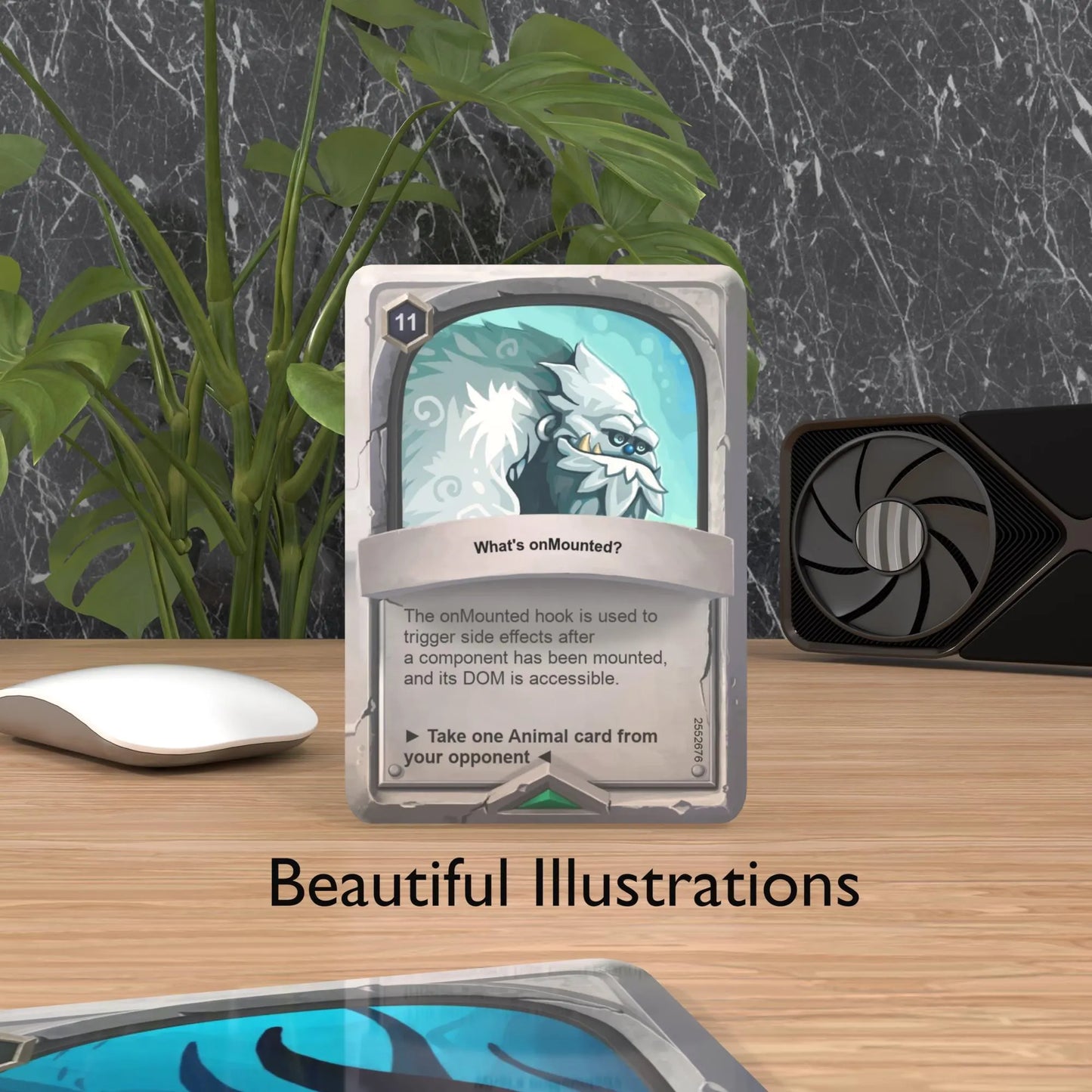 a Vue.js flashcard on a desk with "beautiful cards" text