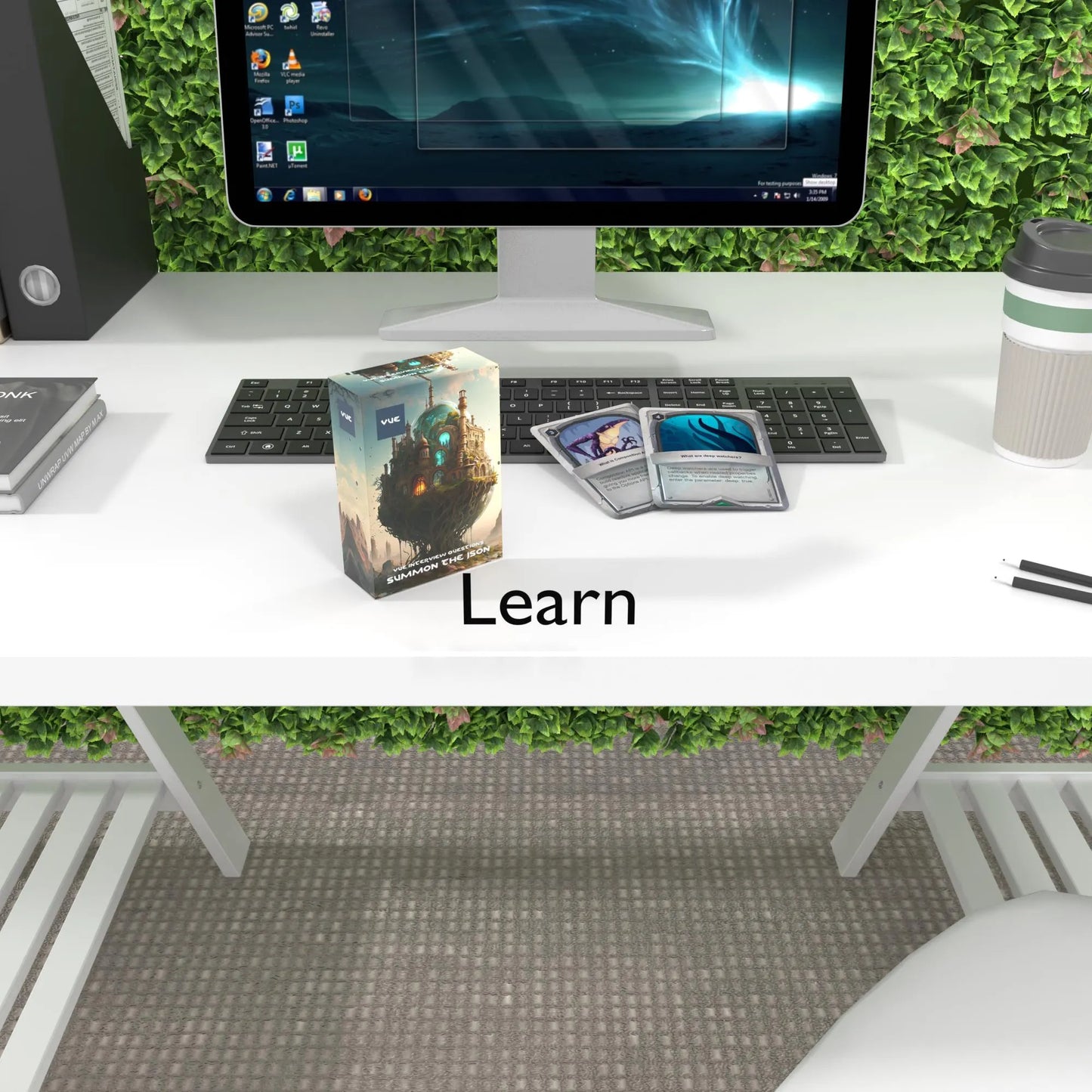 two Vue.js flashcards on a keyboard with "Learn" text