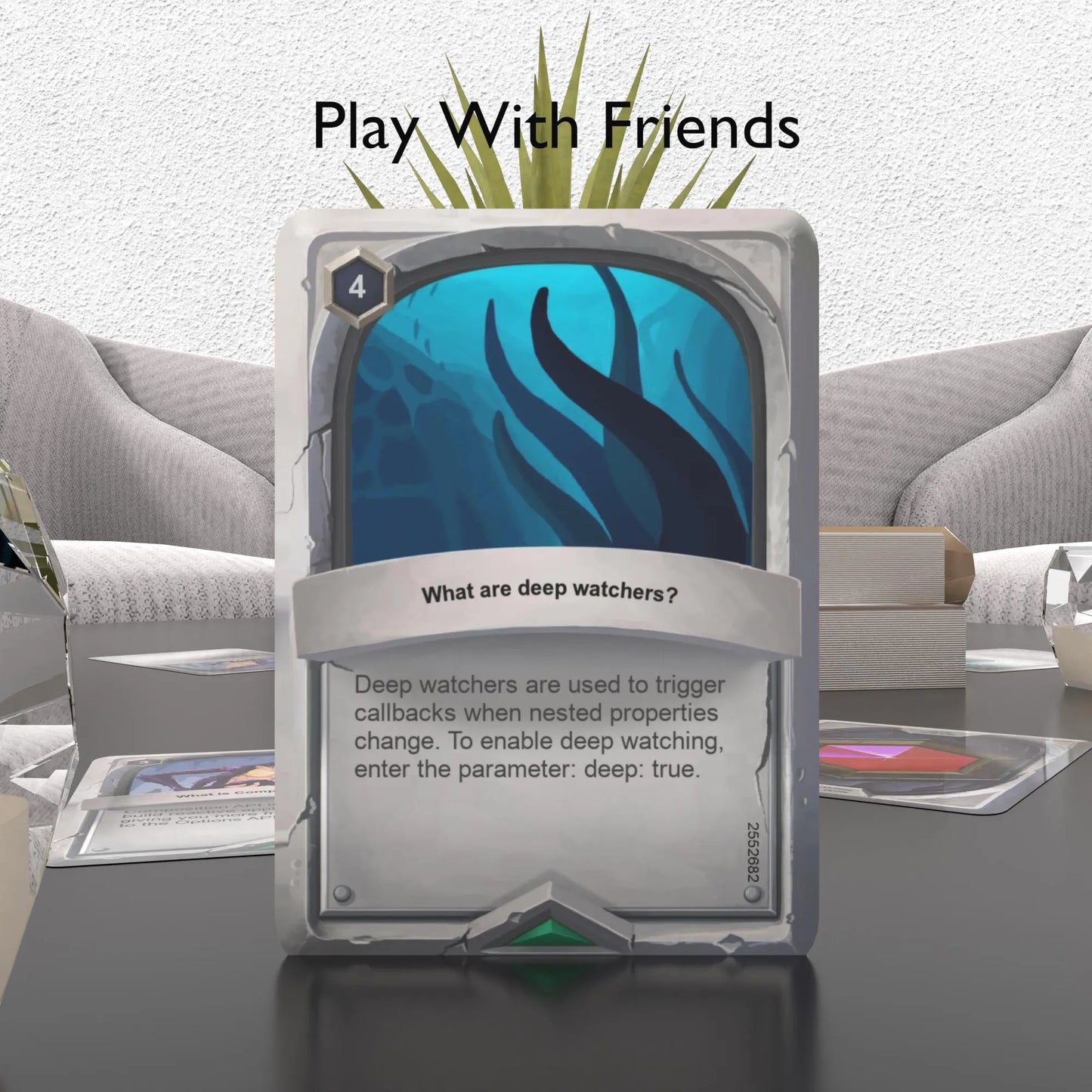 a Vue.js flashcard on a table with "play with friends" text