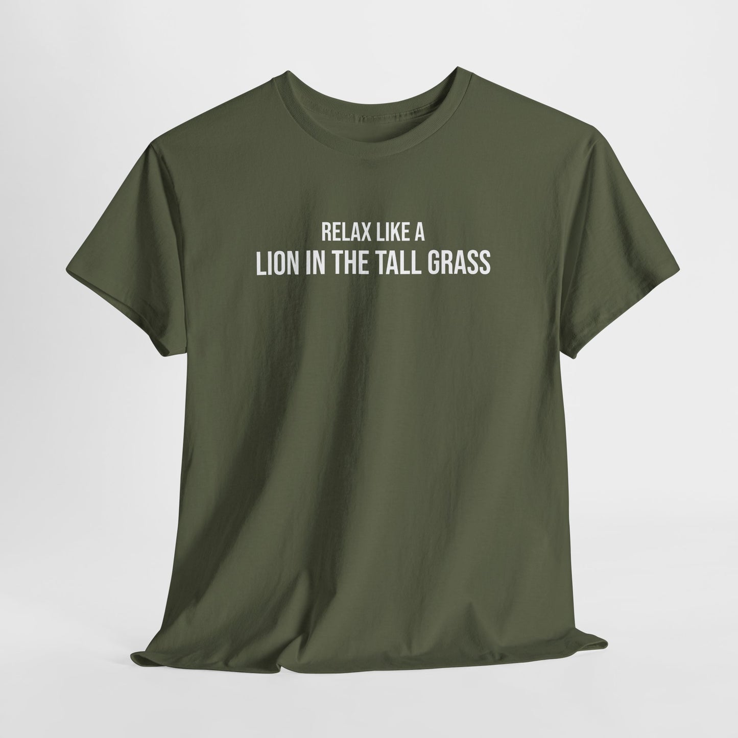 Men  Heavy Cotton Tee – ‘Relax Like A Lion in The Tall Grass’ | Mental Strength, Relaxation, and Wellness Shirt