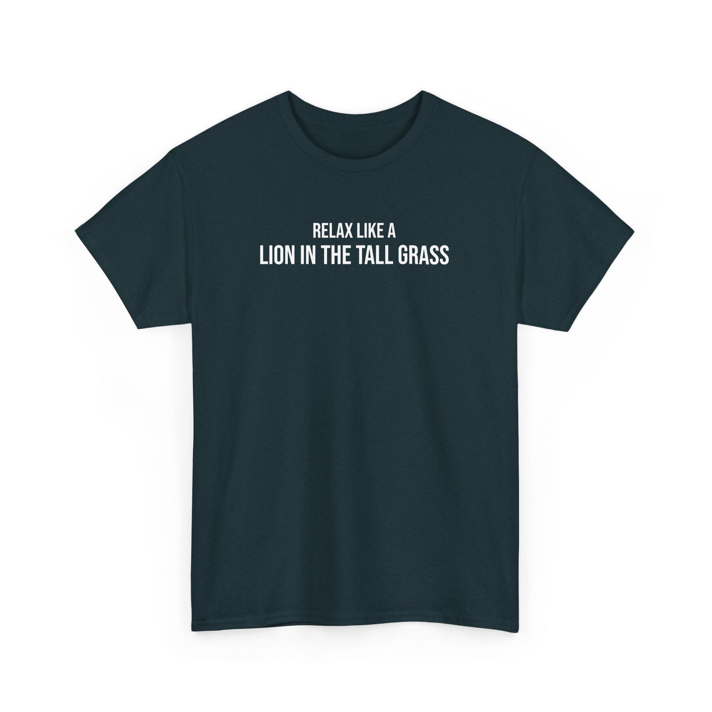 Men  Heavy Cotton Tee – ‘Relax Like A Lion in The Tall Grass’ | Mental Strength, Relaxation, and Wellness Shirt