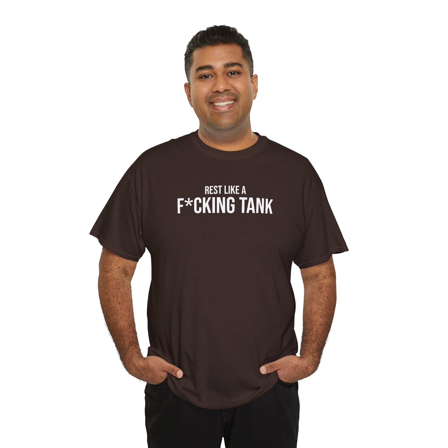 Men Heavy Cotton Tee – ‘Rest Like A F*cking Tank’ | Mental Strength, Relaxation, and Wellness Shirt