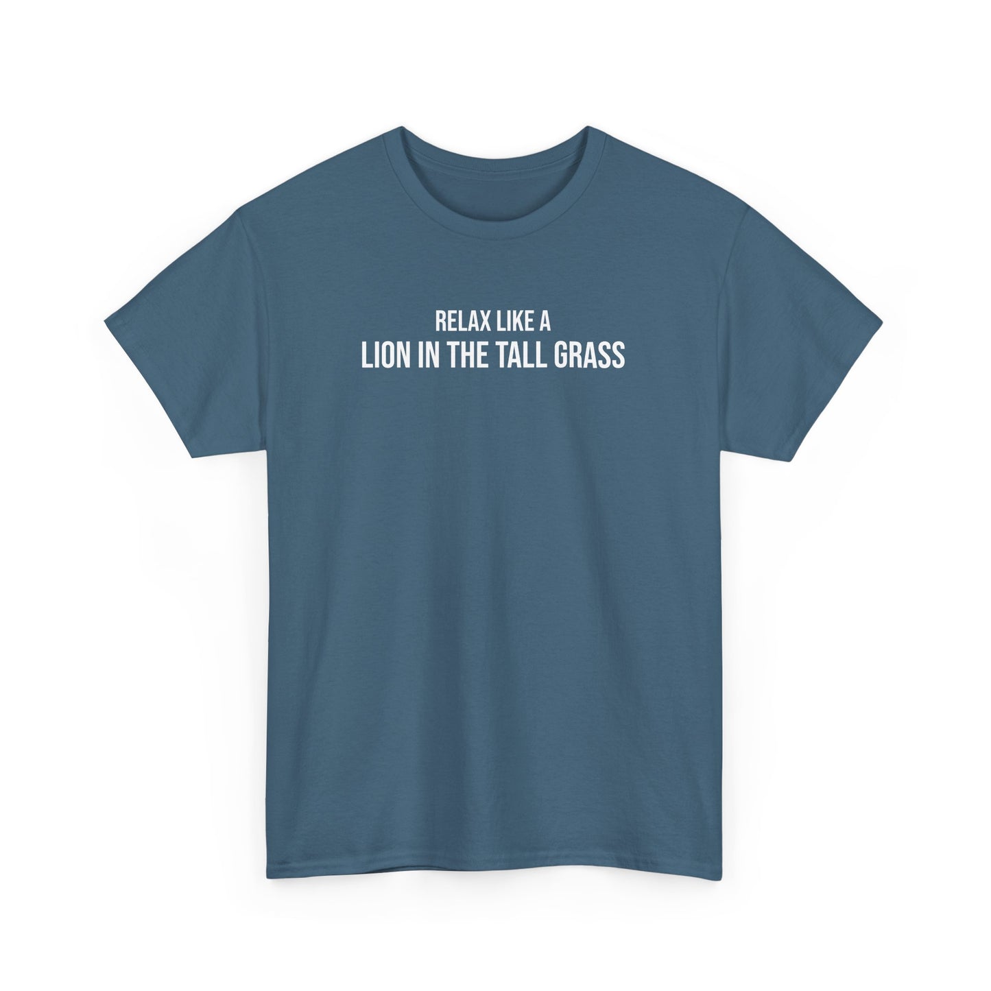 Men  Heavy Cotton Tee – ‘Relax Like A Lion in The Tall Grass’ | Mental Strength, Relaxation, and Wellness Shirt