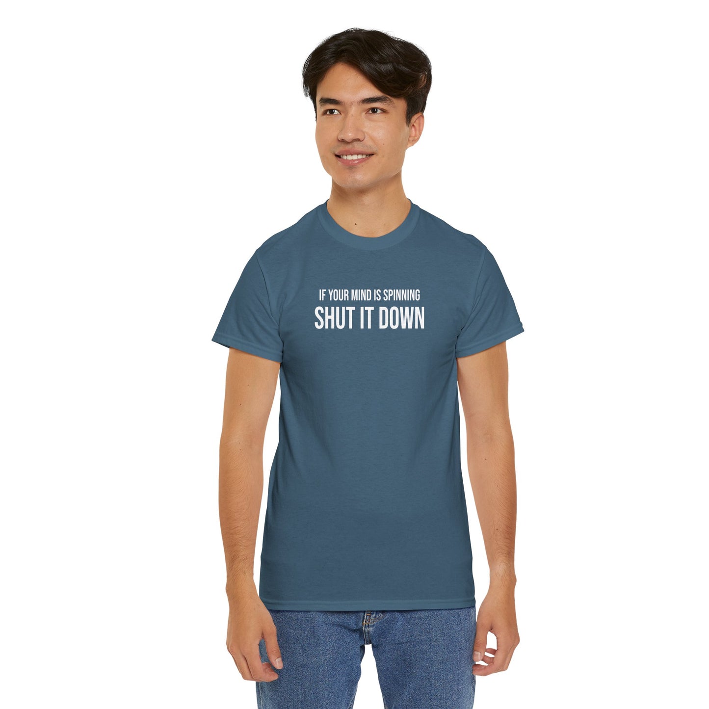 Men Heavy Cotton Tee – ‘If Your Mind is Spinning, Shut it Down’ | Mental Strength, Relaxation, and Wellness Shirt