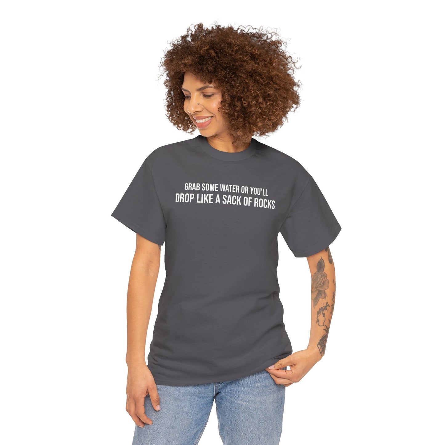 Men Heavy Cotton Tee – ‘Grab Some Water Or You'll Drop Like A Sack Of Rocks’ | Mental Strength, Relaxation, and Wellness Shirt