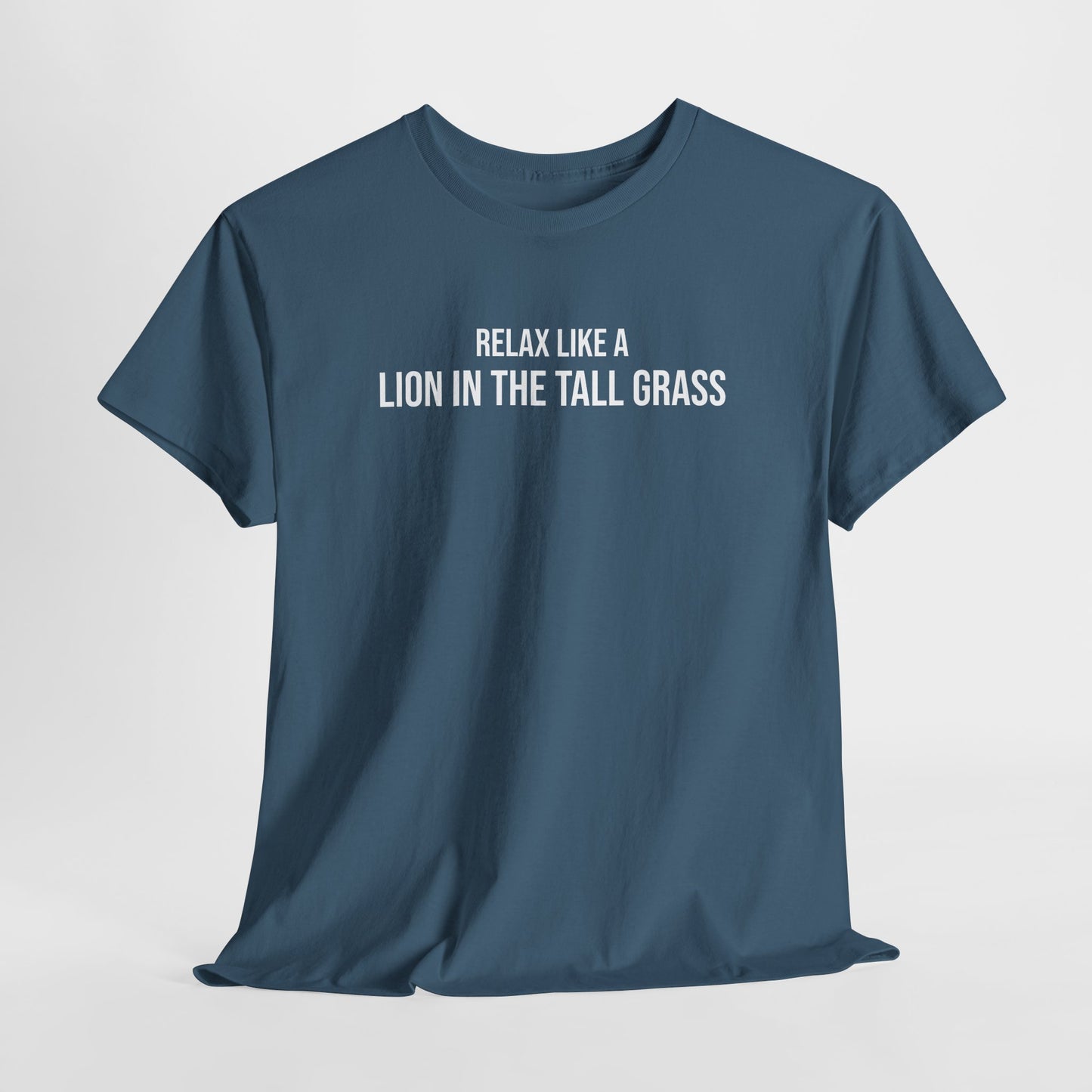 Men  Heavy Cotton Tee – ‘Relax Like A Lion in The Tall Grass’ | Mental Strength, Relaxation, and Wellness Shirt