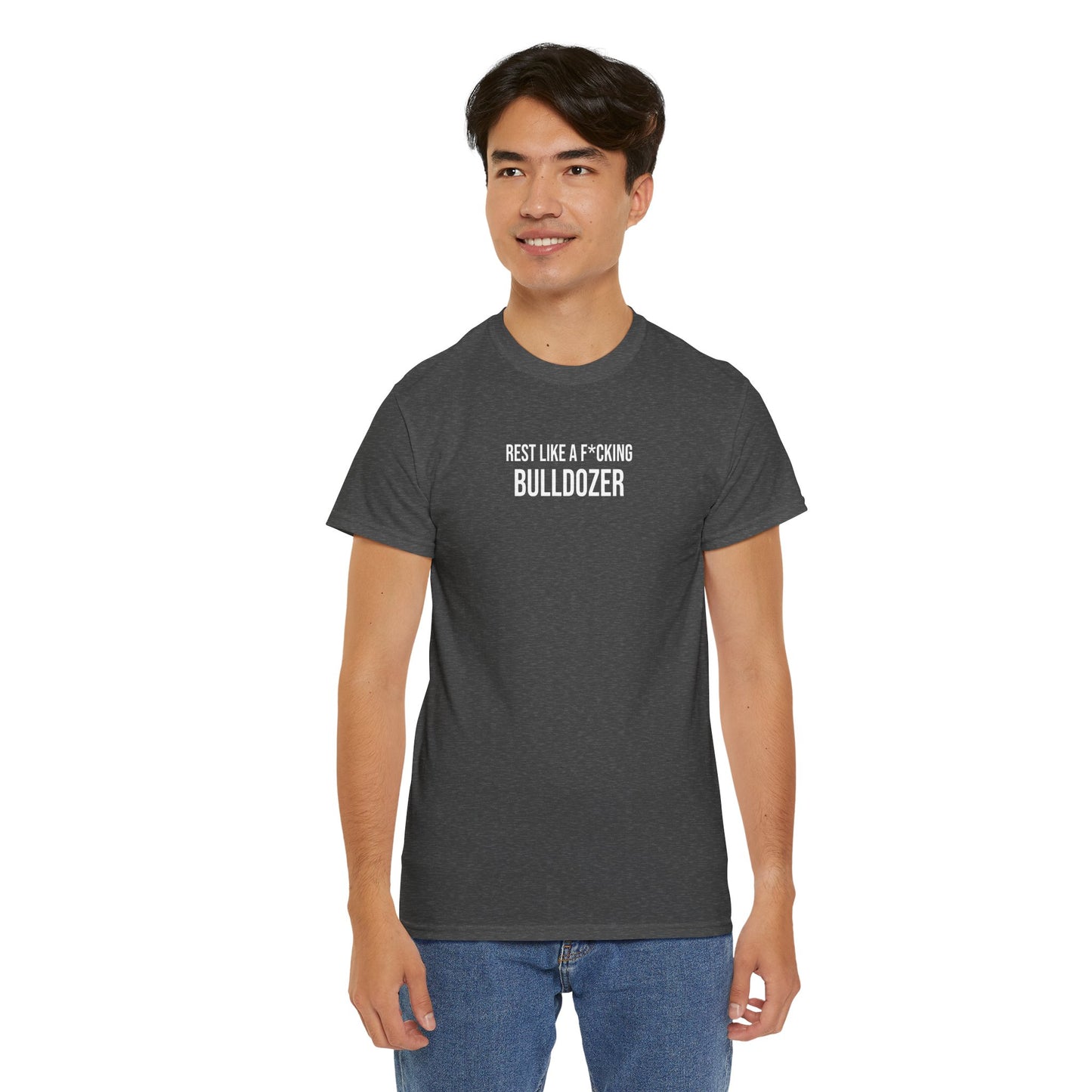 Men Heavy Cotton Tee – ‘Rest Like A F*cking Bulldozer’ | Mental Strength, Relaxation, and Wellness Shirt