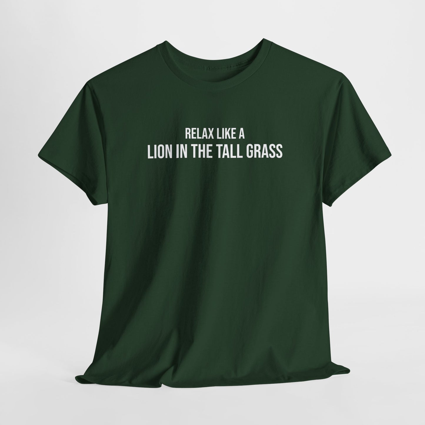 Men  Heavy Cotton Tee – ‘Relax Like A Lion in The Tall Grass’ | Mental Strength, Relaxation, and Wellness Shirt