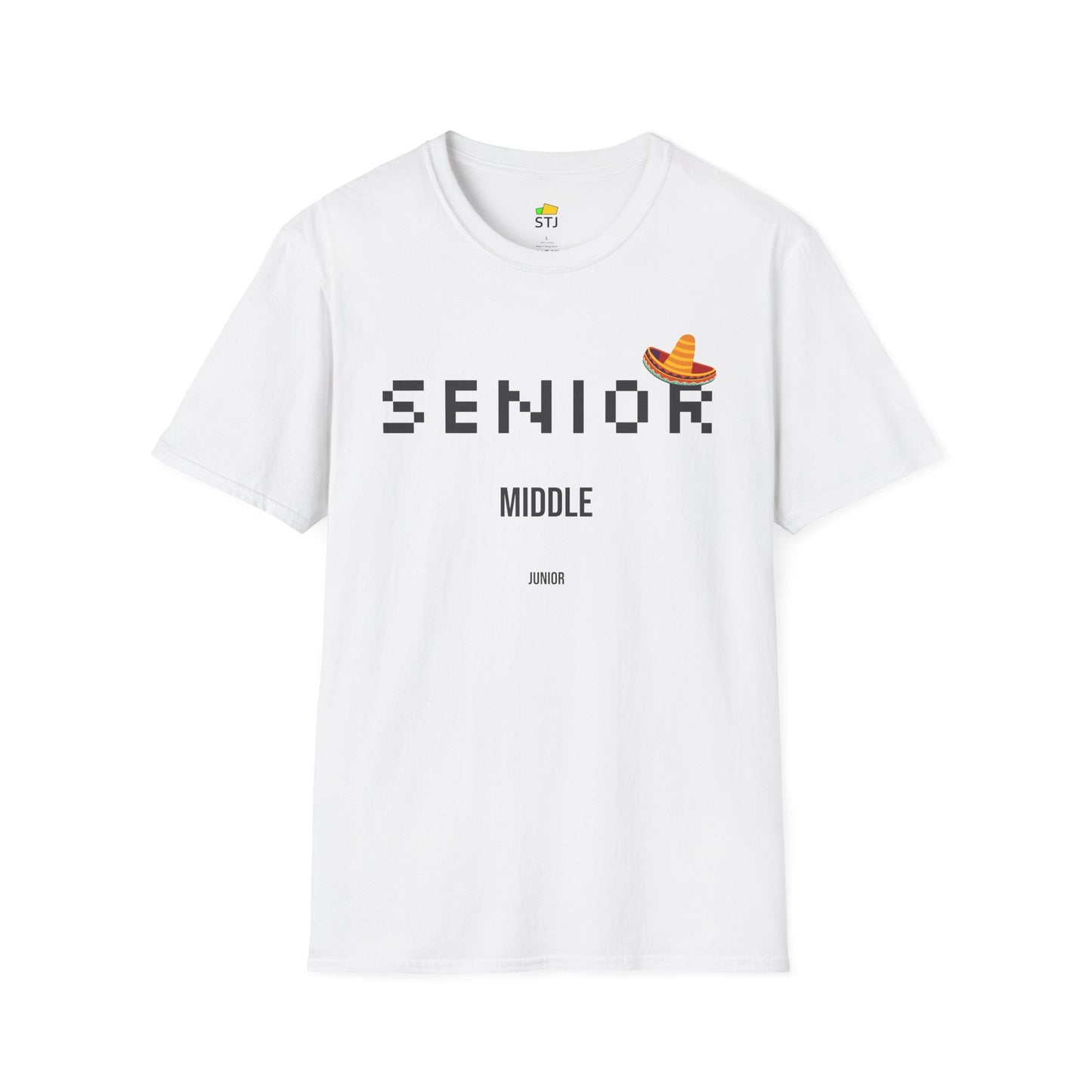 Junior, Middle, Senior – Funny Developer Levels T-Shirt with Sombrero