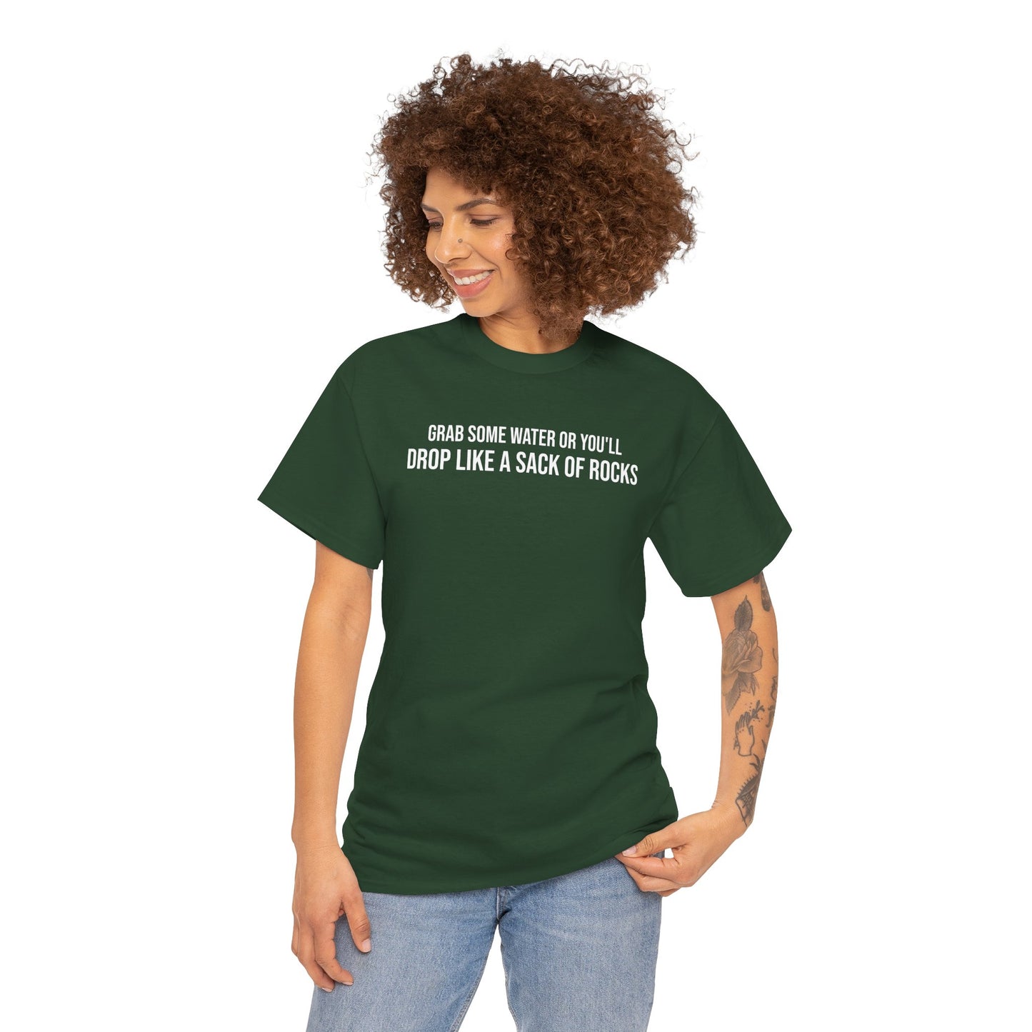 Men Heavy Cotton Tee – ‘Grab Some Water Or You'll Drop Like A Sack Of Rocks’ | Mental Strength, Relaxation, and Wellness Shirt