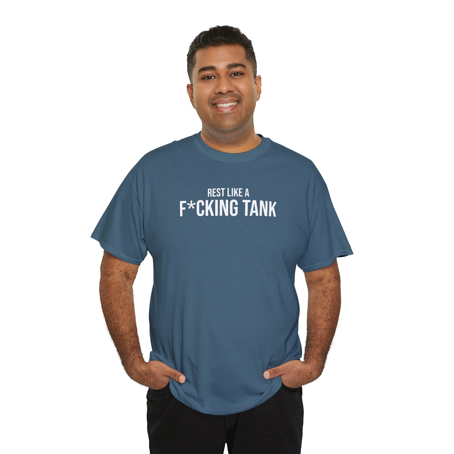 Men Heavy Cotton Tee – ‘Rest Like A F*cking Tank’ | Mental Strength, Relaxation, and Wellness Shirt