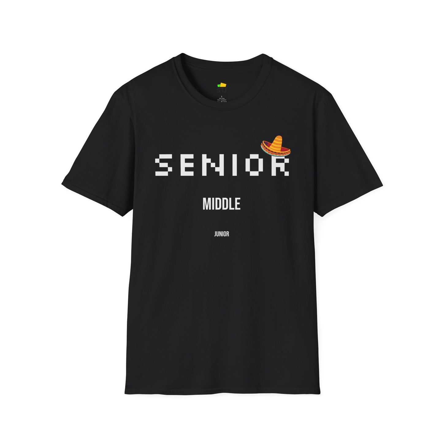 Junior, Middle, Senior – Funny Developer Levels T-Shirt with Sombrero