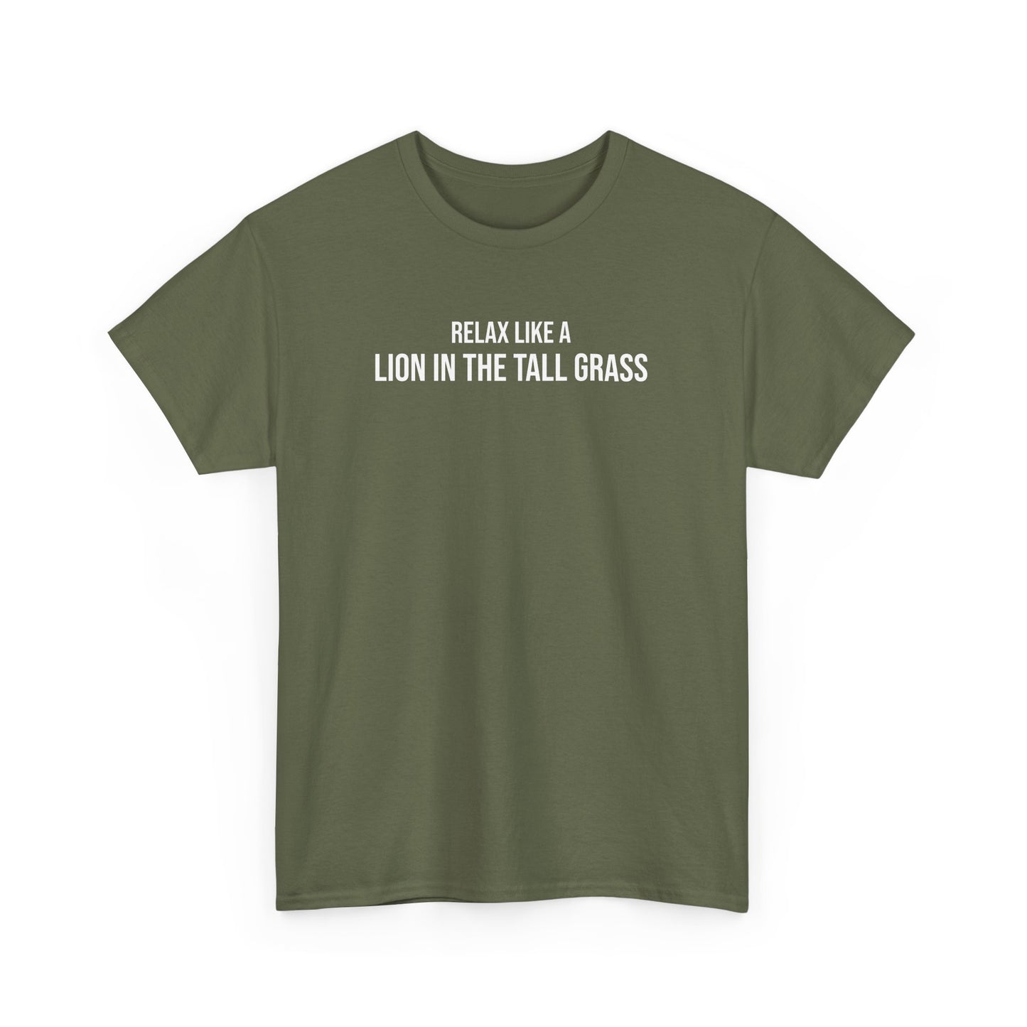 Men  Heavy Cotton Tee – ‘Relax Like A Lion in The Tall Grass’ | Mental Strength, Relaxation, and Wellness Shirt