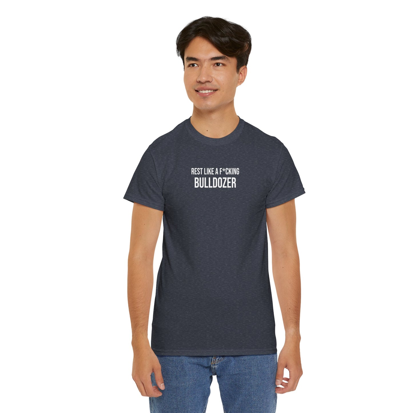 Men Heavy Cotton Tee – ‘Rest Like A F*cking Bulldozer’ | Mental Strength, Relaxation, and Wellness Shirt