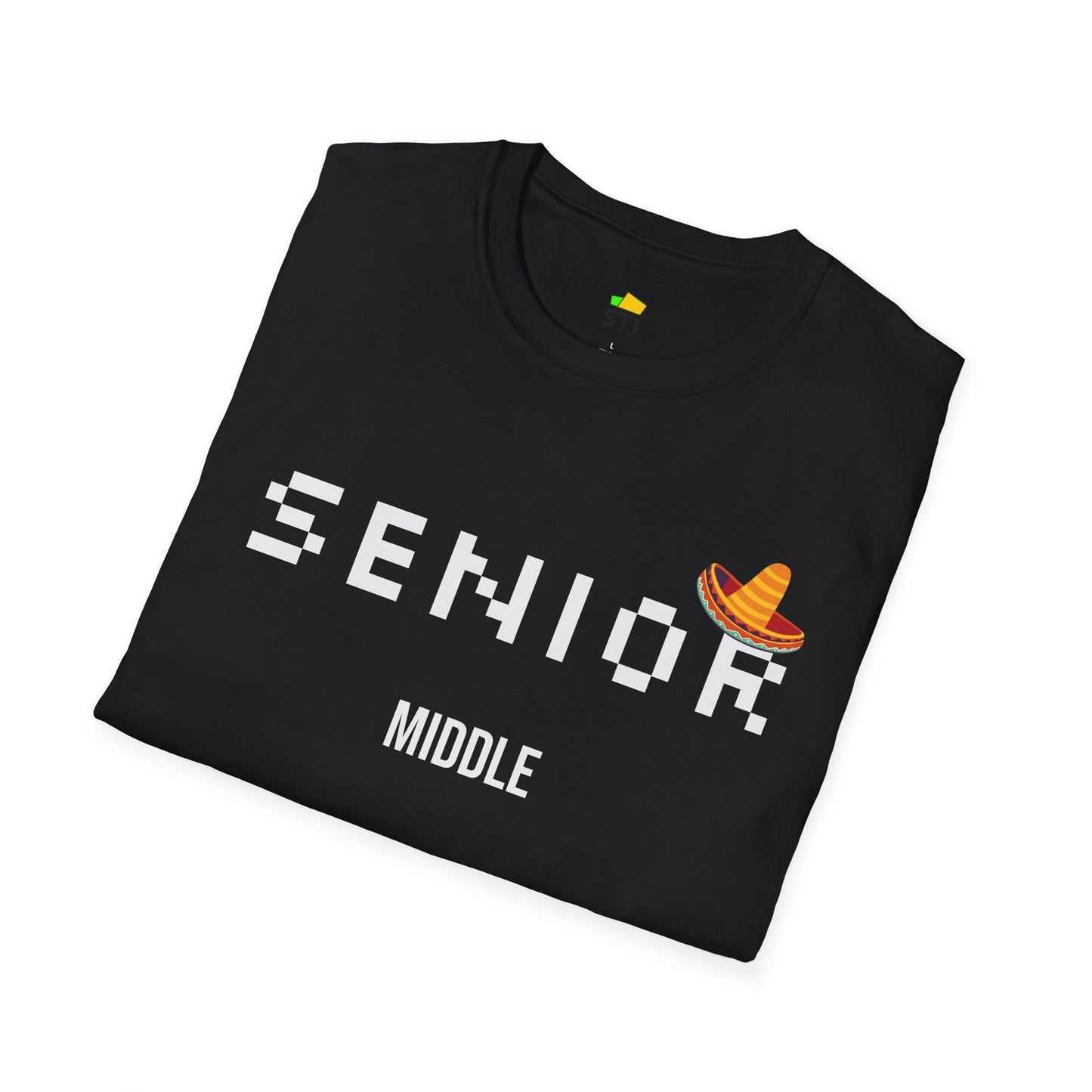 Junior, Middle, Senior – Funny Developer Levels T-Shirt with Sombrero