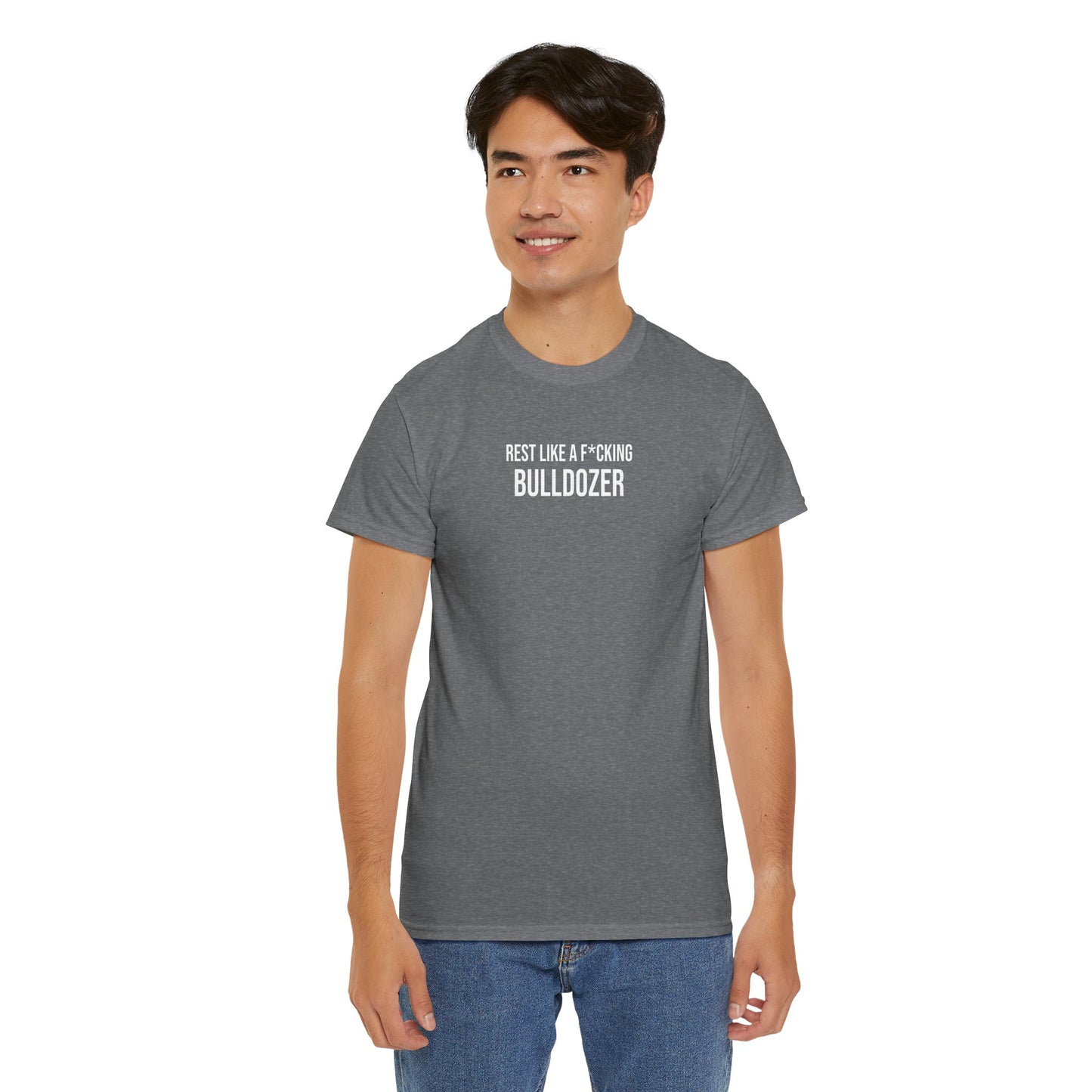 Men Heavy Cotton Tee – ‘Rest Like A F*cking Bulldozer’ | Mental Strength, Relaxation, and Wellness Shirt