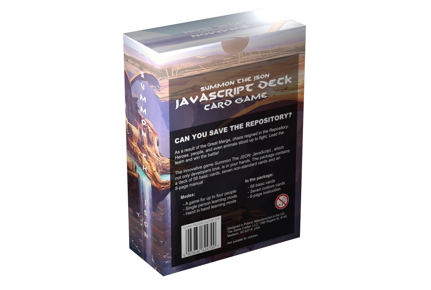 Back of the JavaScript flashcard deck box with product details and educational content for learning JavaScript.