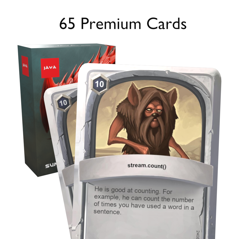 Java flashcards box with two cards in front displaying "65 premium cards"