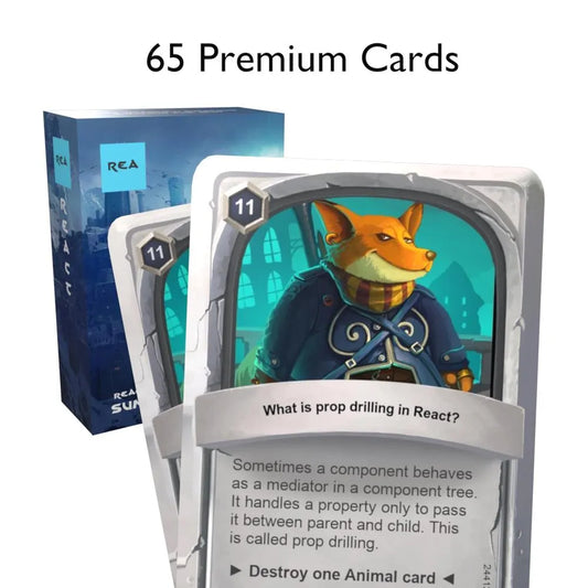 React Interview Questions Flashcards box with two cards in front displaying "65 premium cards"