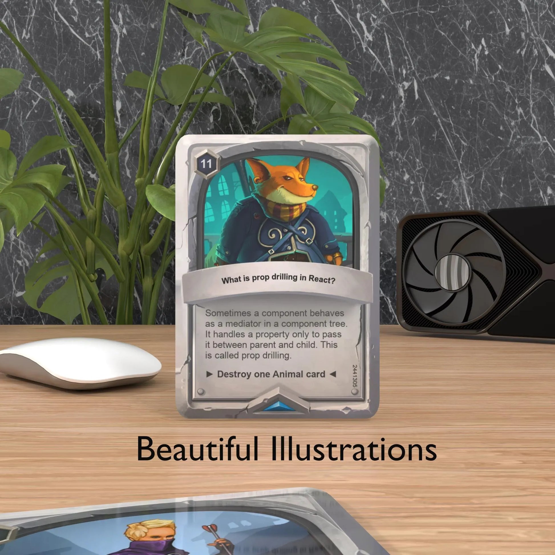 React JS flashcard placed on a desk with "Beautiful Cards" text