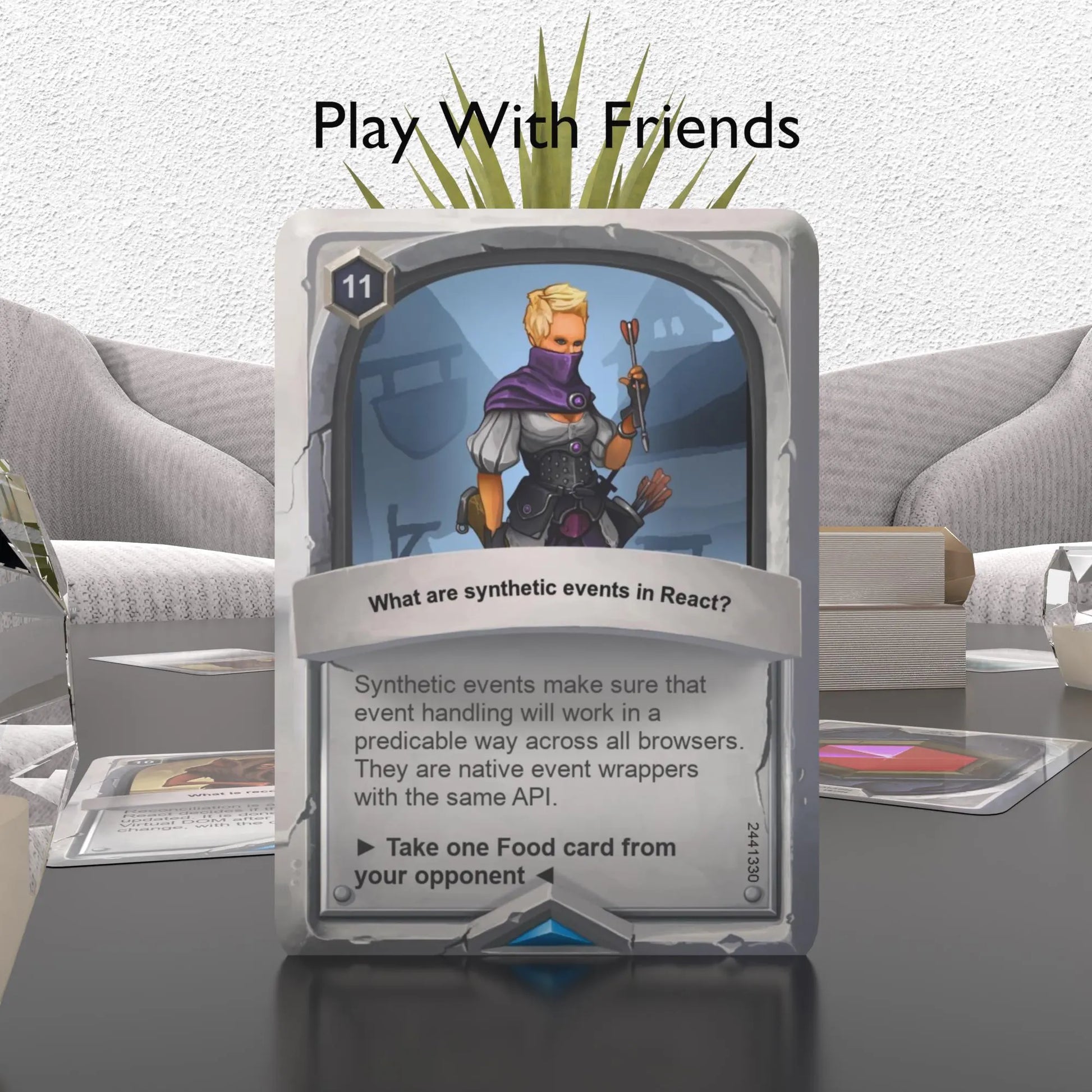 React JS flashcard on a table with "Play with Friends" text, highlighting interactive learning